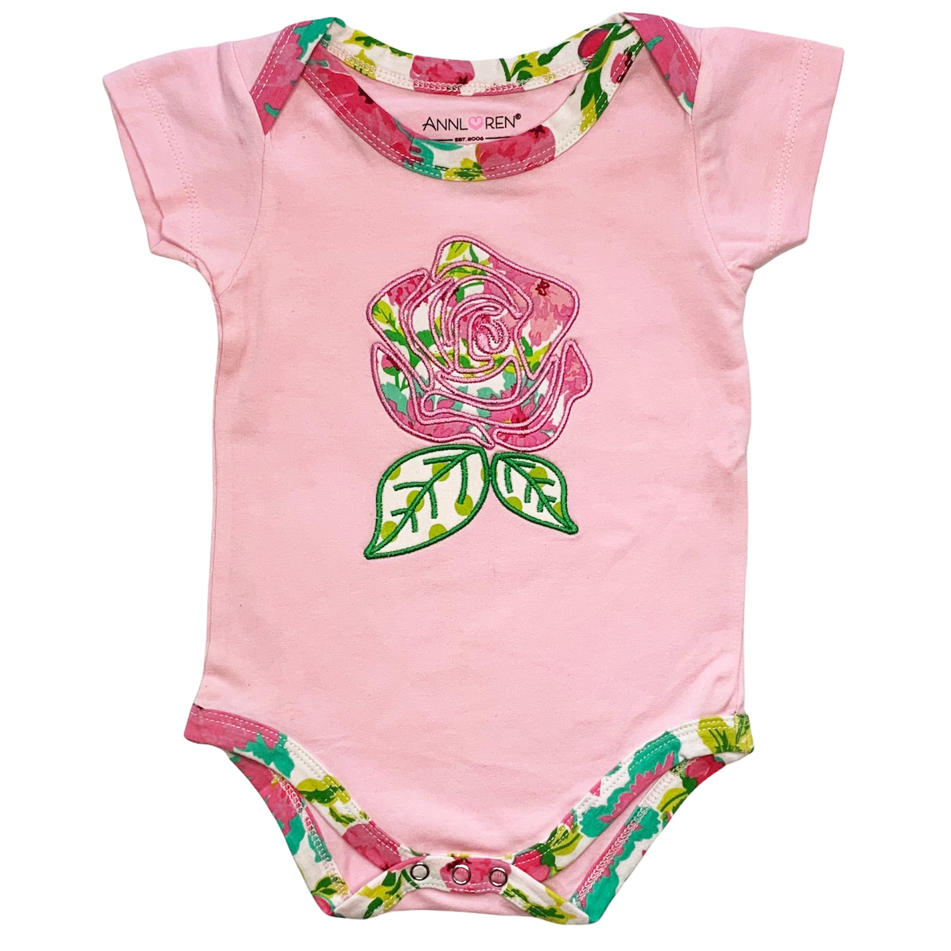 AnnLoren Baby Girls Layette set featuring a pink floral onesie, matching pants, and a headband, perfect for stylish infants.