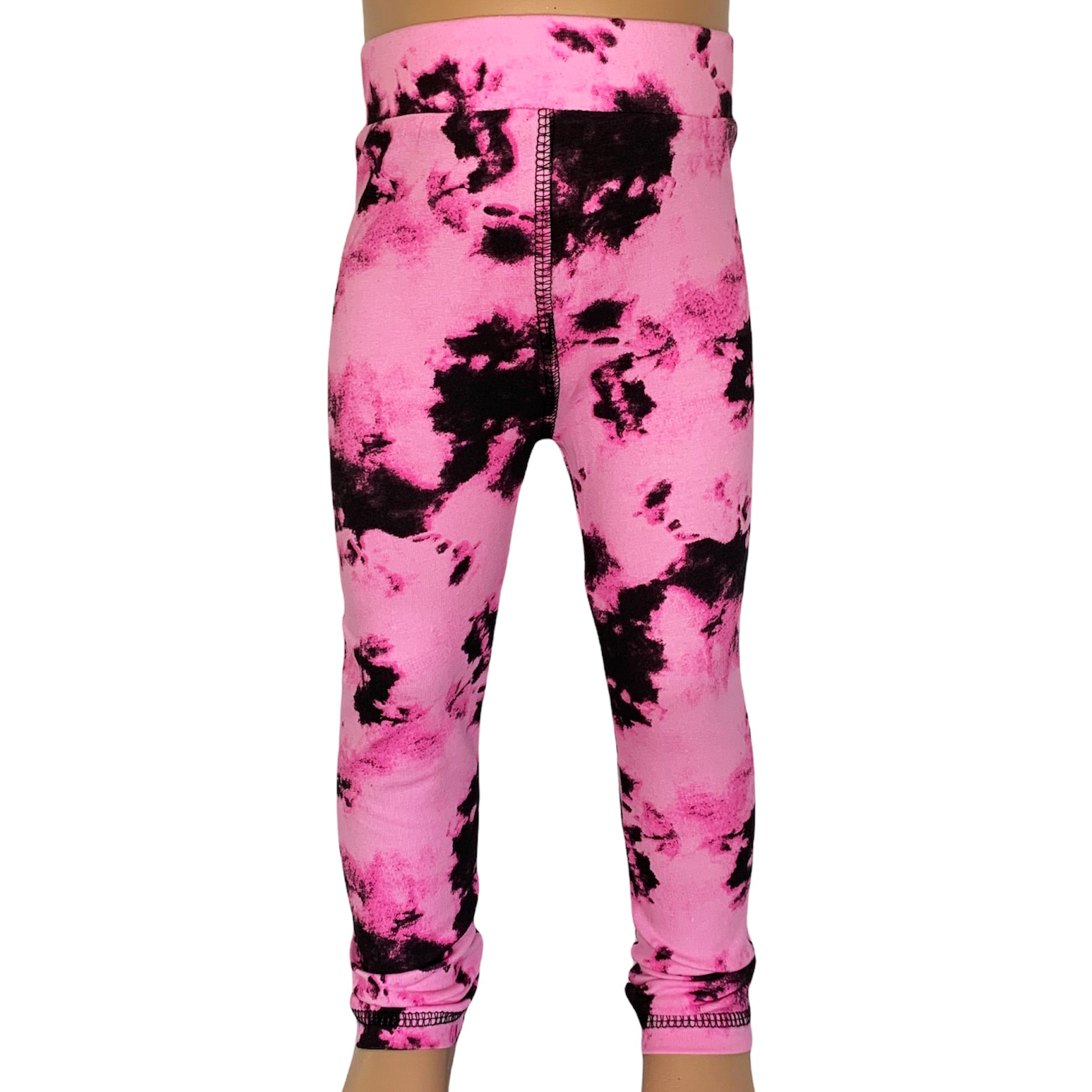 AnnLoren Baby Toddler Big Girls Boutique leggings featuring vibrant pink and black tie dye design with ruffles and thick elastic waistband.