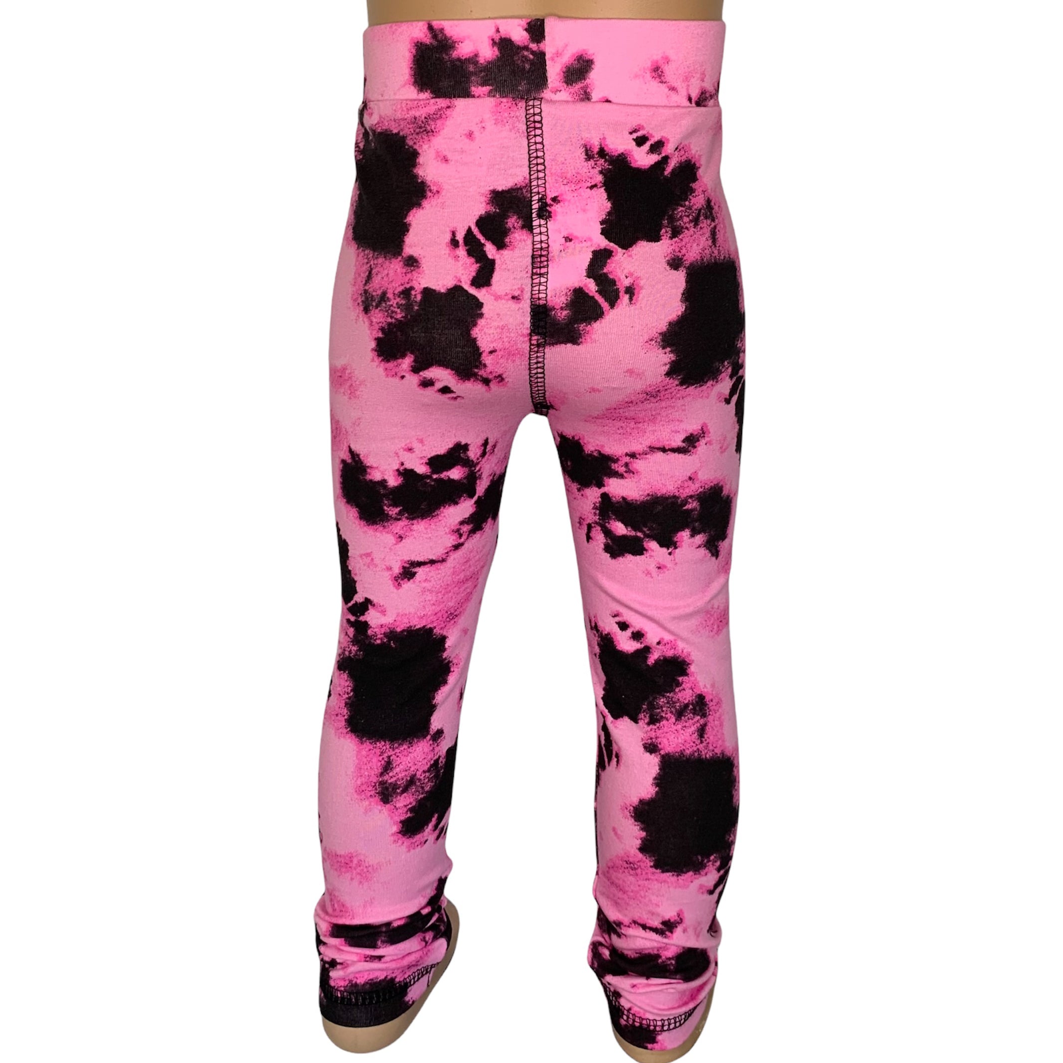 AnnLoren Baby Toddler Big Girls Boutique leggings featuring vibrant pink and black tie dye design with ruffles and thick elastic waistband.