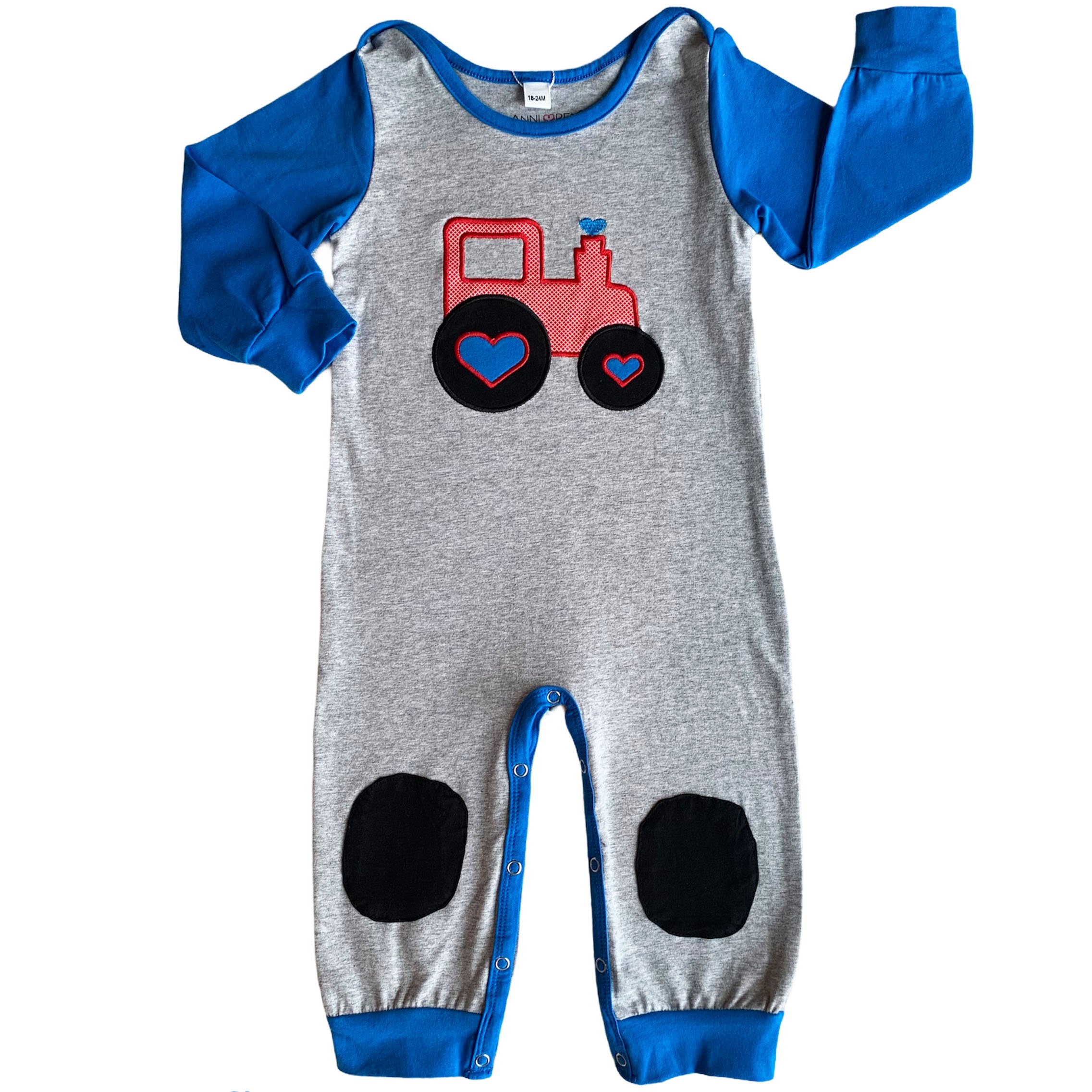 AnnLoren Baby Toddler Boys Long Sleeve Truck Romper in blue and grey with red truck appliqué and knee patches.