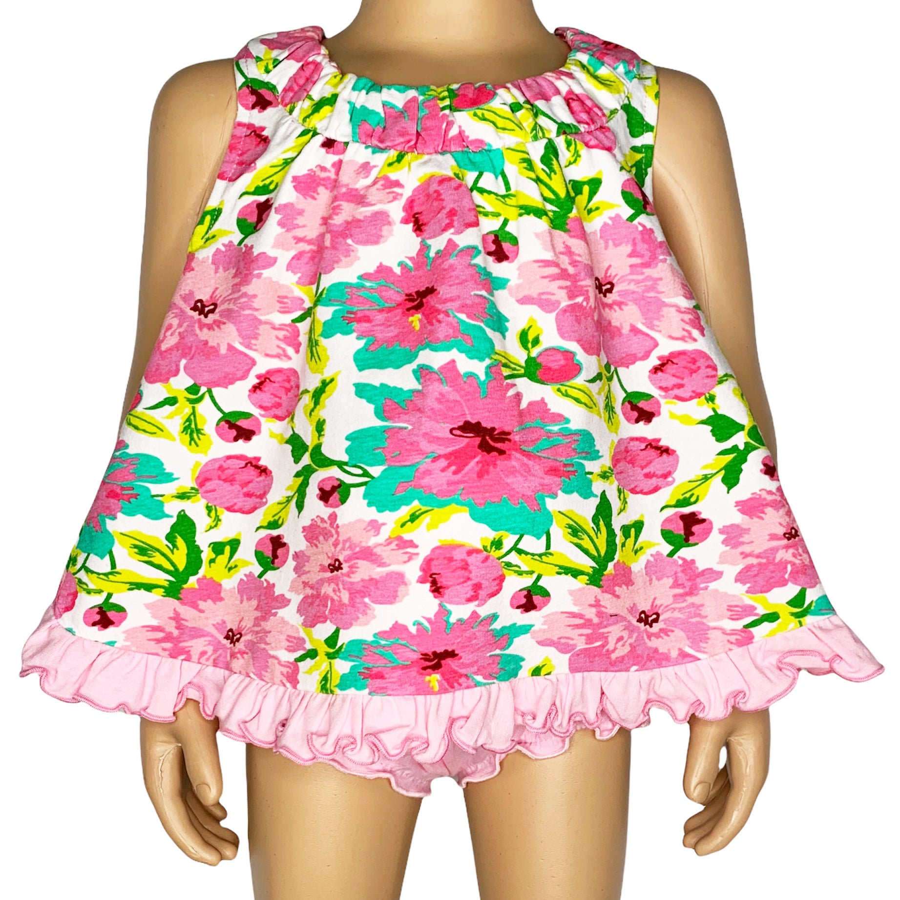 AnnLoren Baby/Toddler Girls Summer Floral Ruffle Swing Tank Top featuring floral patterns and ruffle details, perfect for warm weather.