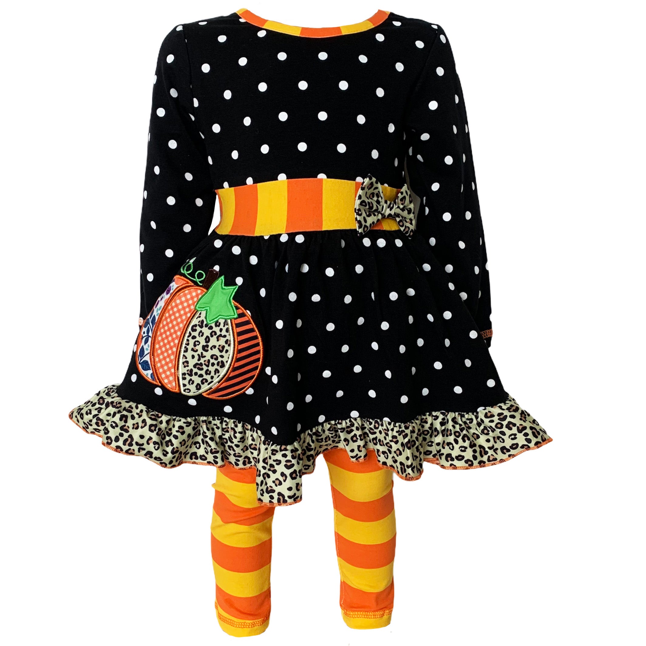 AnnLoren Girls Autumn Dress featuring black polka dots, orange pumpkin embroidery, and matching orange striped leggings with elastic waistband.