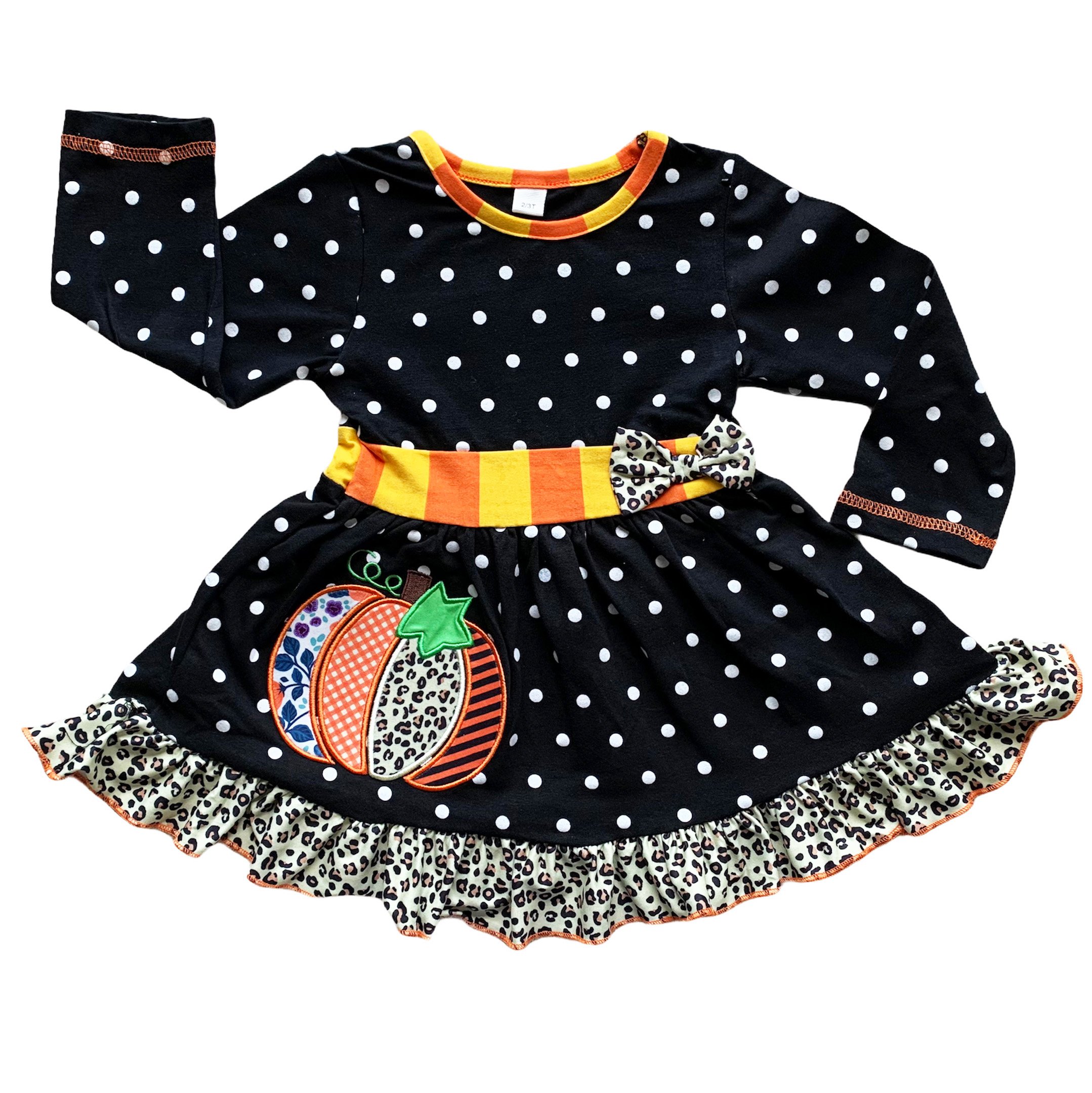 AnnLoren Girls Autumn Dress featuring black polka dots, orange pumpkin embroidery, and matching orange striped leggings with elastic waistband.