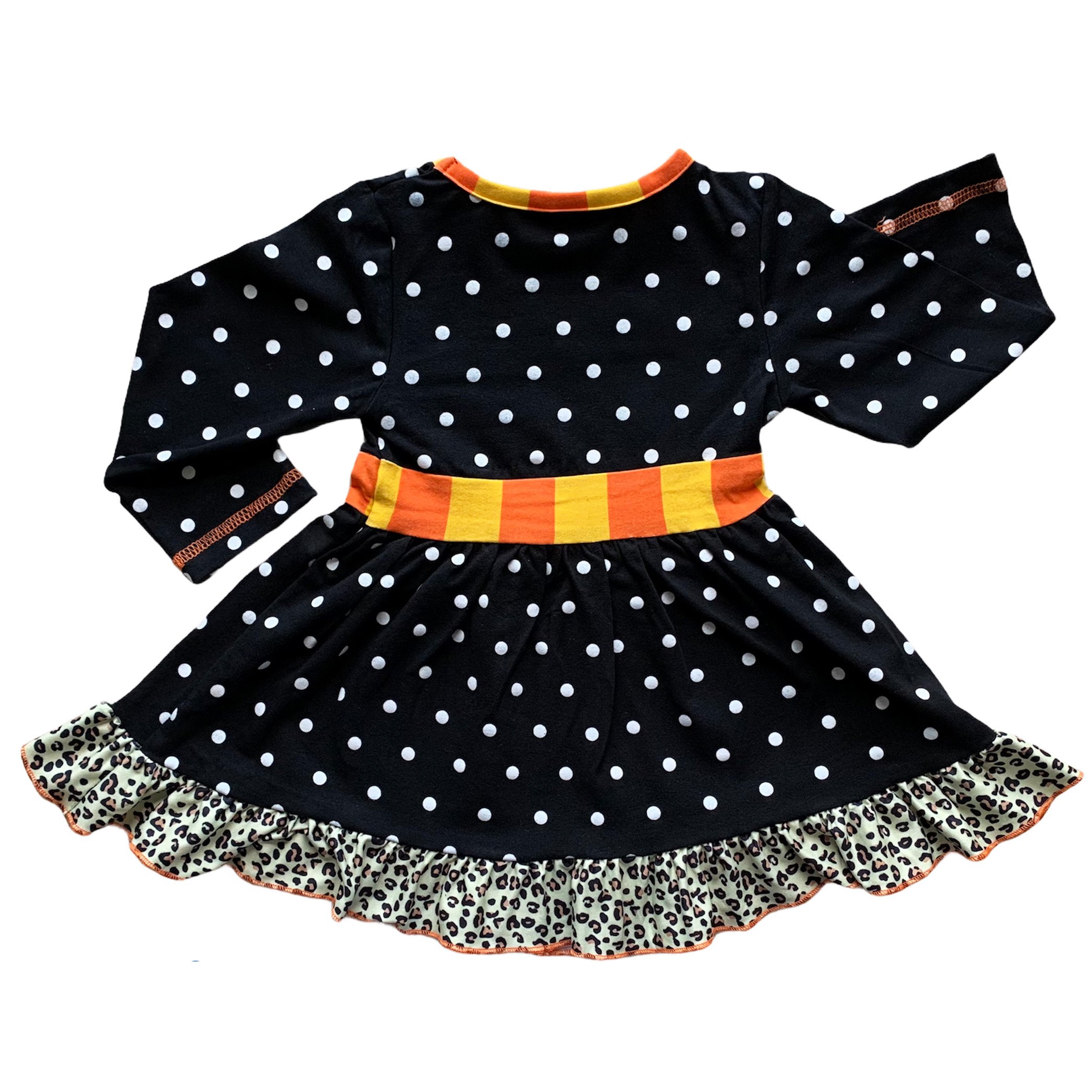 AnnLoren Girls Autumn Dress featuring black polka dots, orange pumpkin embroidery, and matching orange striped leggings with elastic waistband.