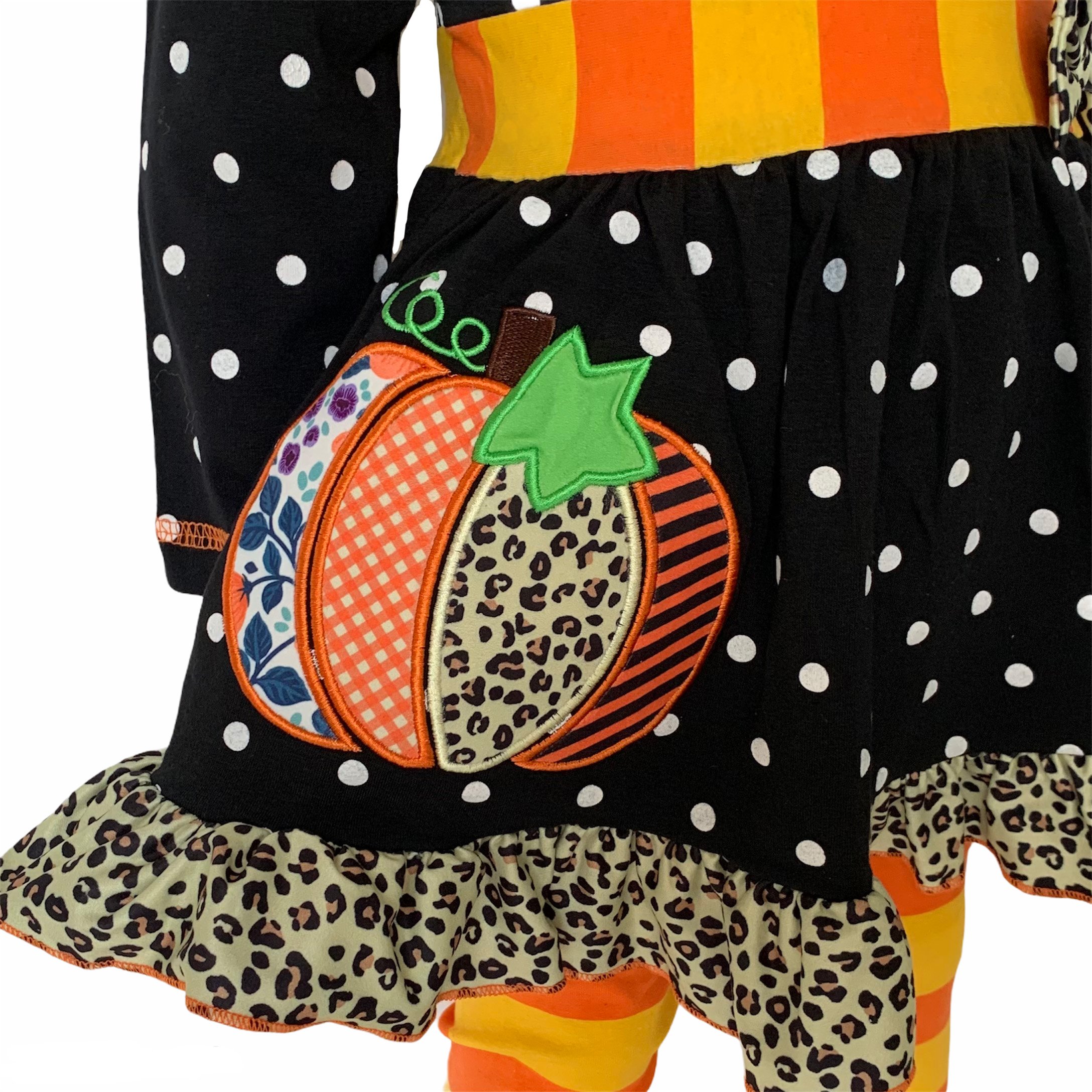 AnnLoren Girls Autumn Dress featuring black polka dots, orange pumpkin embroidery, and matching orange striped leggings with elastic waistband.