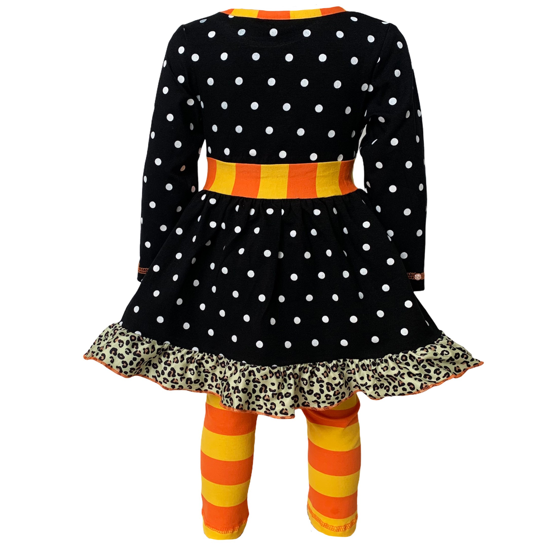 AnnLoren Girls Autumn Dress featuring black polka dots, orange pumpkin embroidery, and matching orange striped leggings with elastic waistband.