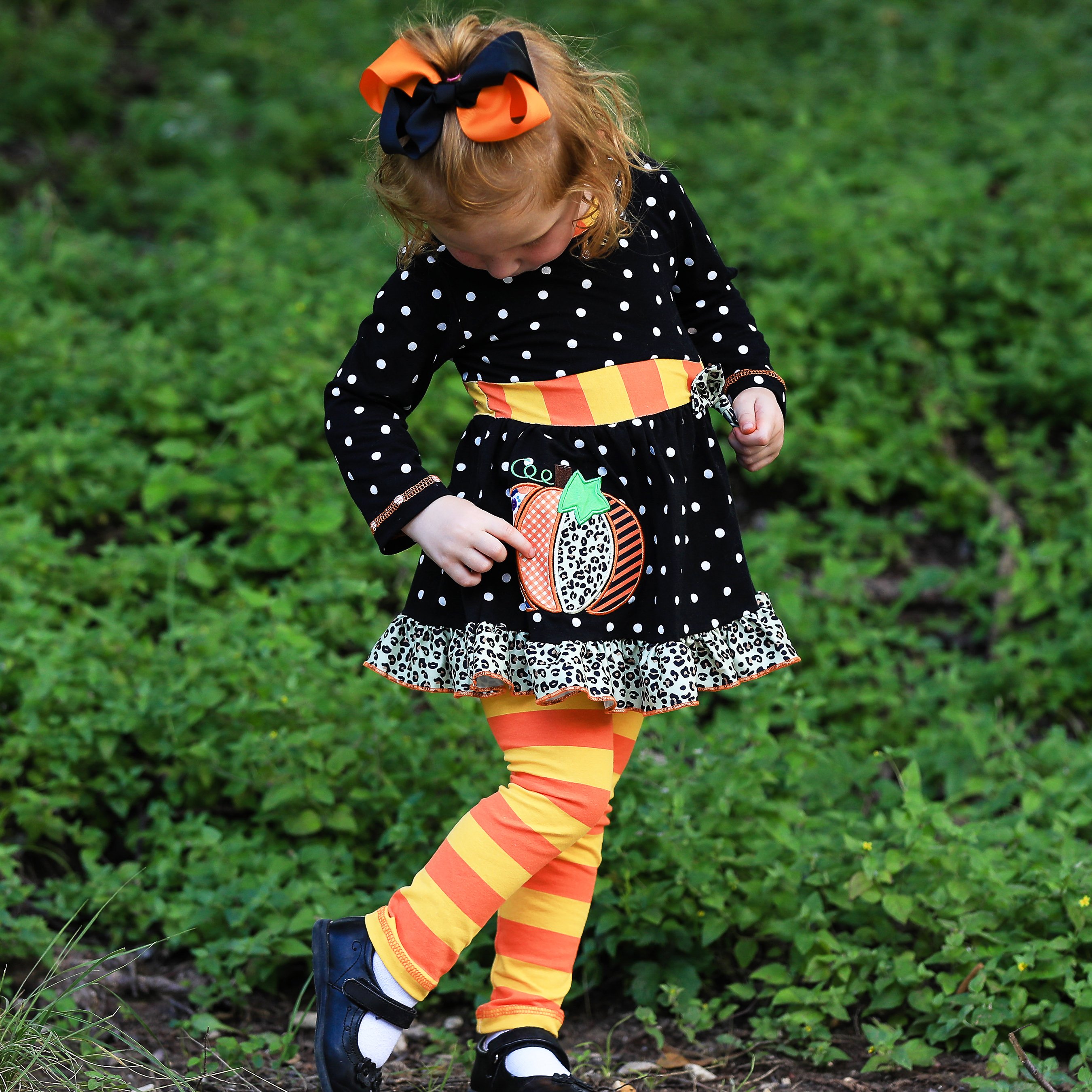 AnnLoren Girls Autumn Dress featuring black polka dots, orange pumpkin embroidery, and matching orange striped leggings with elastic waistband.