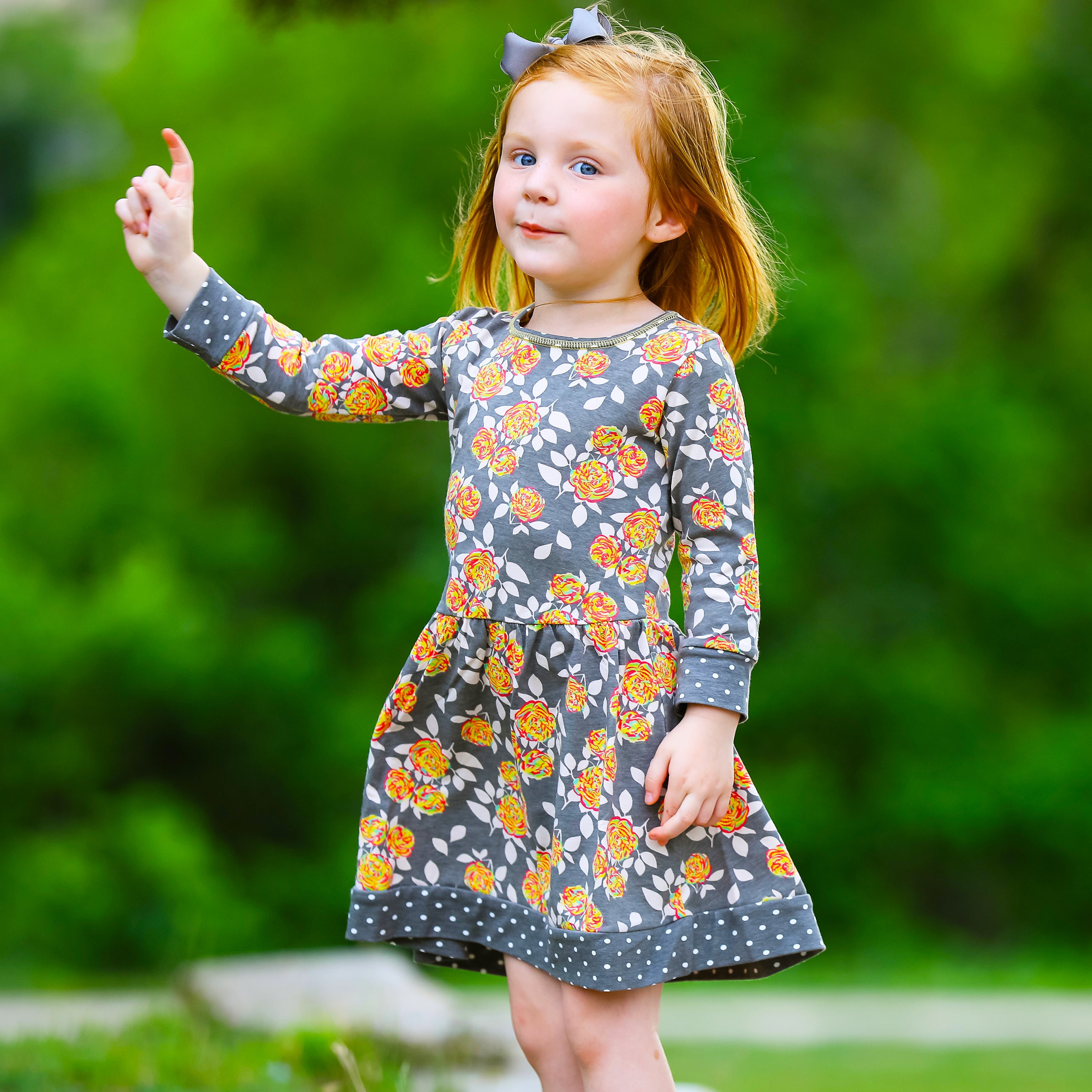 AnnLoren Girls Boutique Grey Peach Shabby Fall Floral Long Sleeve Dress featuring floral print and polka dot trim.