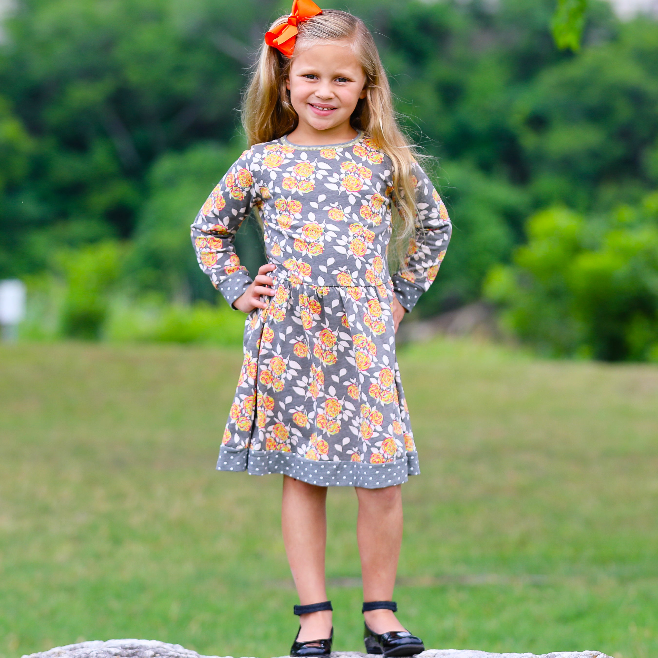 AnnLoren Girls Boutique Grey Peach Shabby Fall Floral Long Sleeve Dress featuring floral print and polka dot trim.