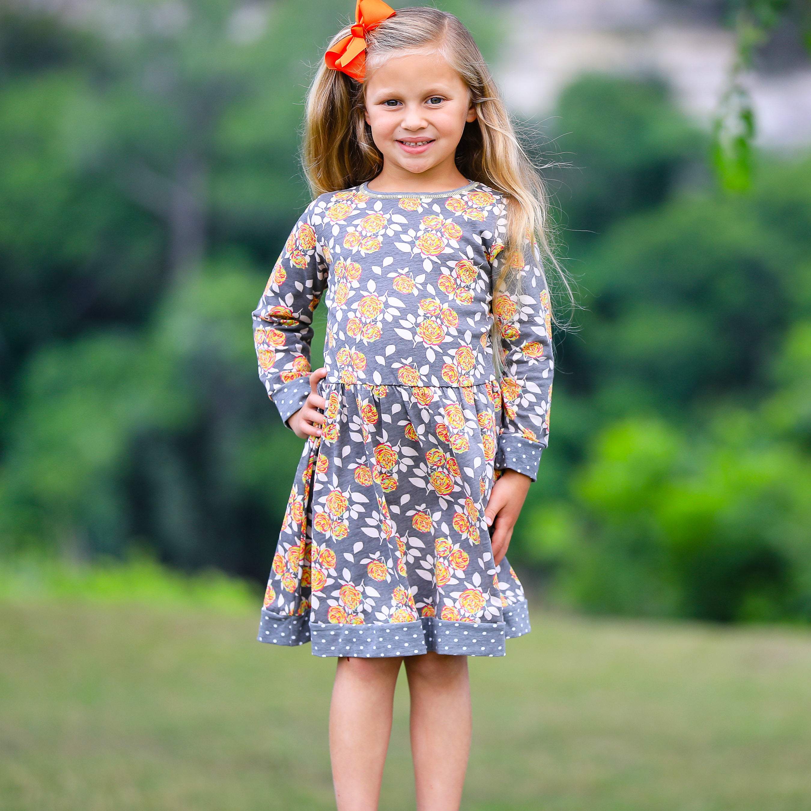 AnnLoren Girls Boutique Grey Peach Shabby Fall Floral Long Sleeve Dress featuring floral print and polka dot trim.