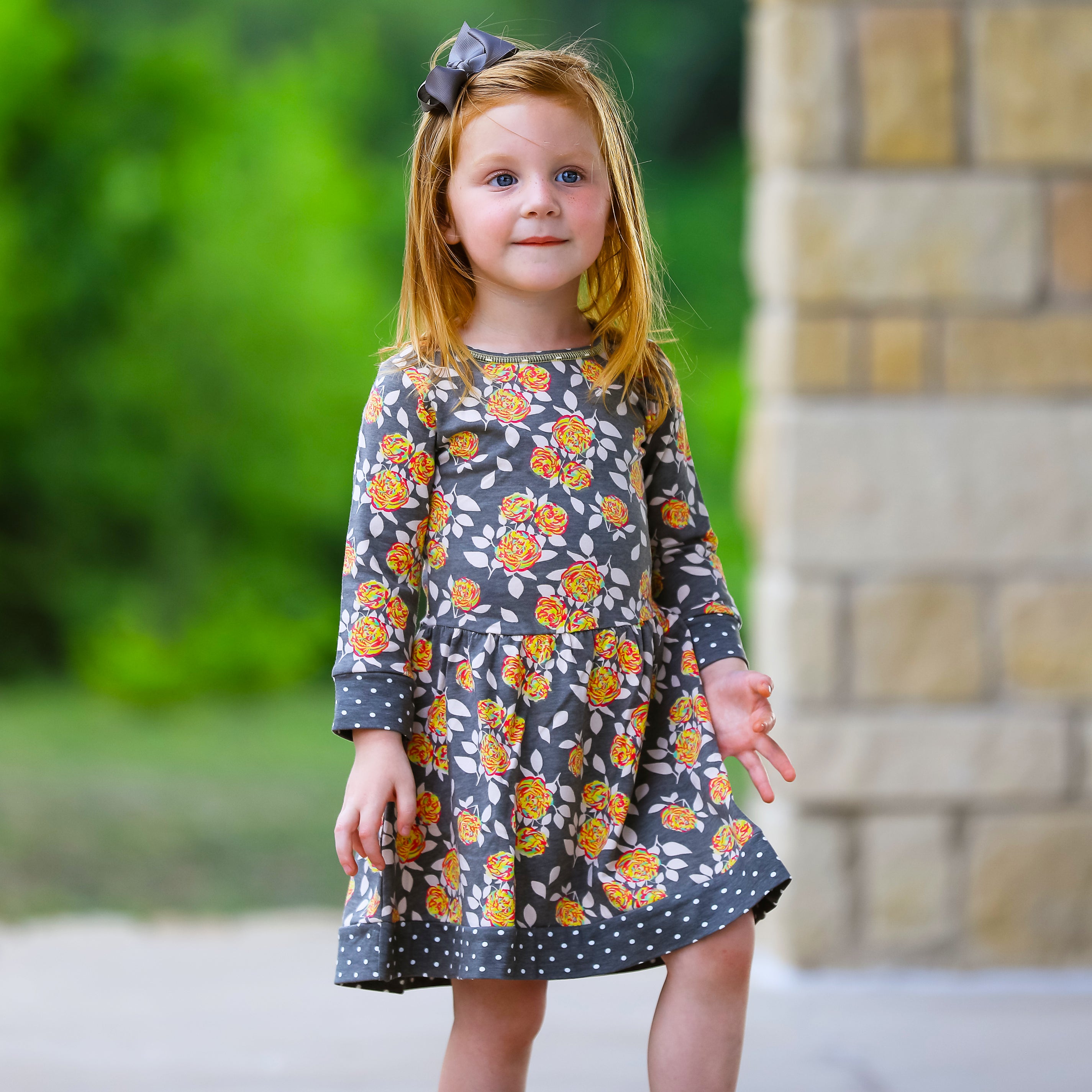 AnnLoren Girls Boutique Grey Peach Shabby Fall Floral Long Sleeve Dress featuring floral print and polka dot trim.