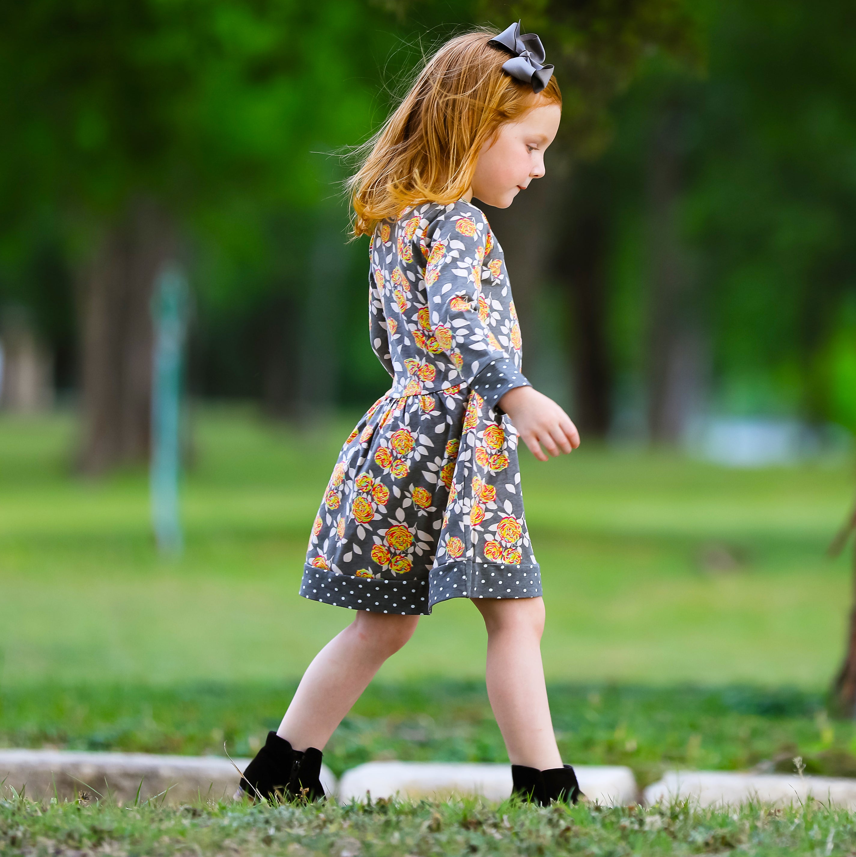 AnnLoren Girls Boutique Grey Peach Shabby Fall Floral Long Sleeve Dress featuring floral print and polka dot trim.