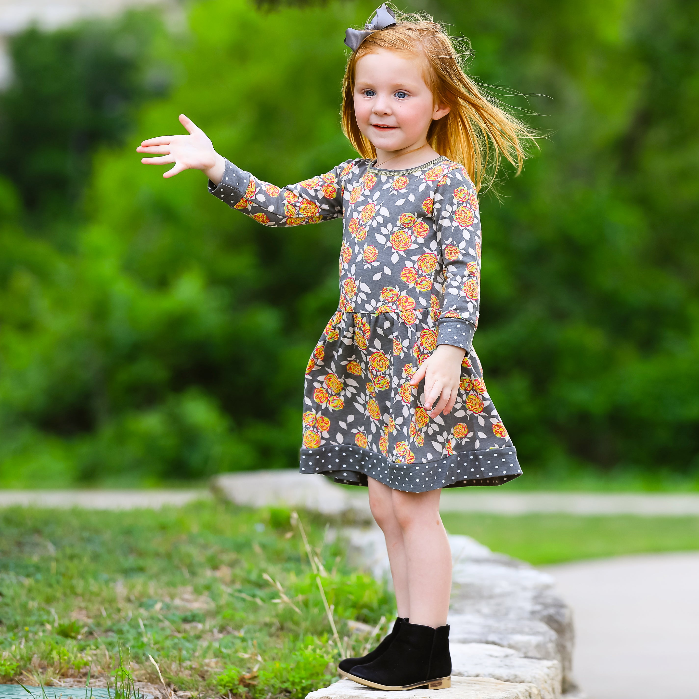 AnnLoren Girls Boutique Grey Peach Shabby Fall Floral Long Sleeve Dress featuring floral print and polka dot trim.