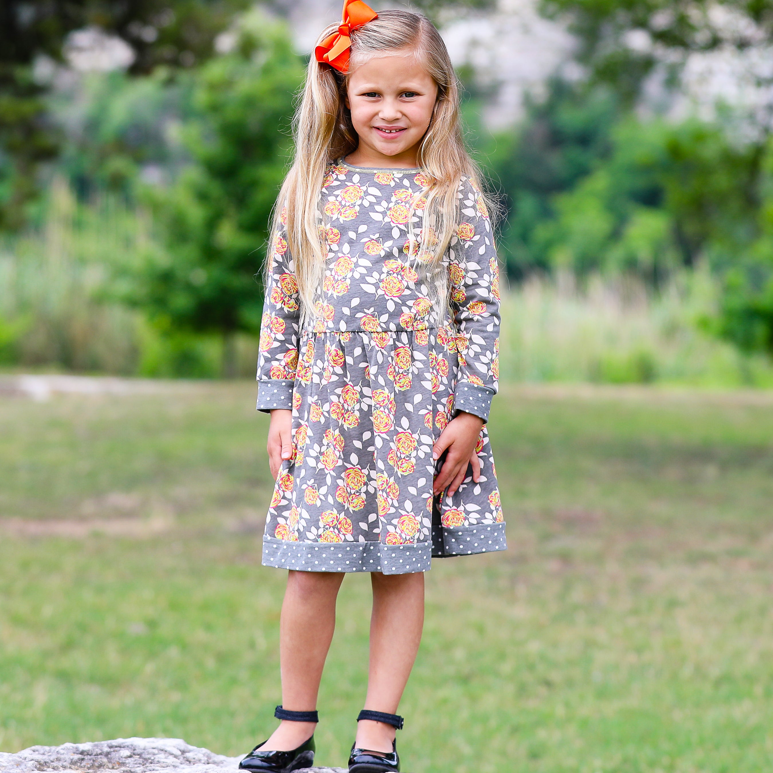 AnnLoren Girls Boutique Grey Peach Shabby Fall Floral Long Sleeve Dress featuring floral print and polka dot trim.