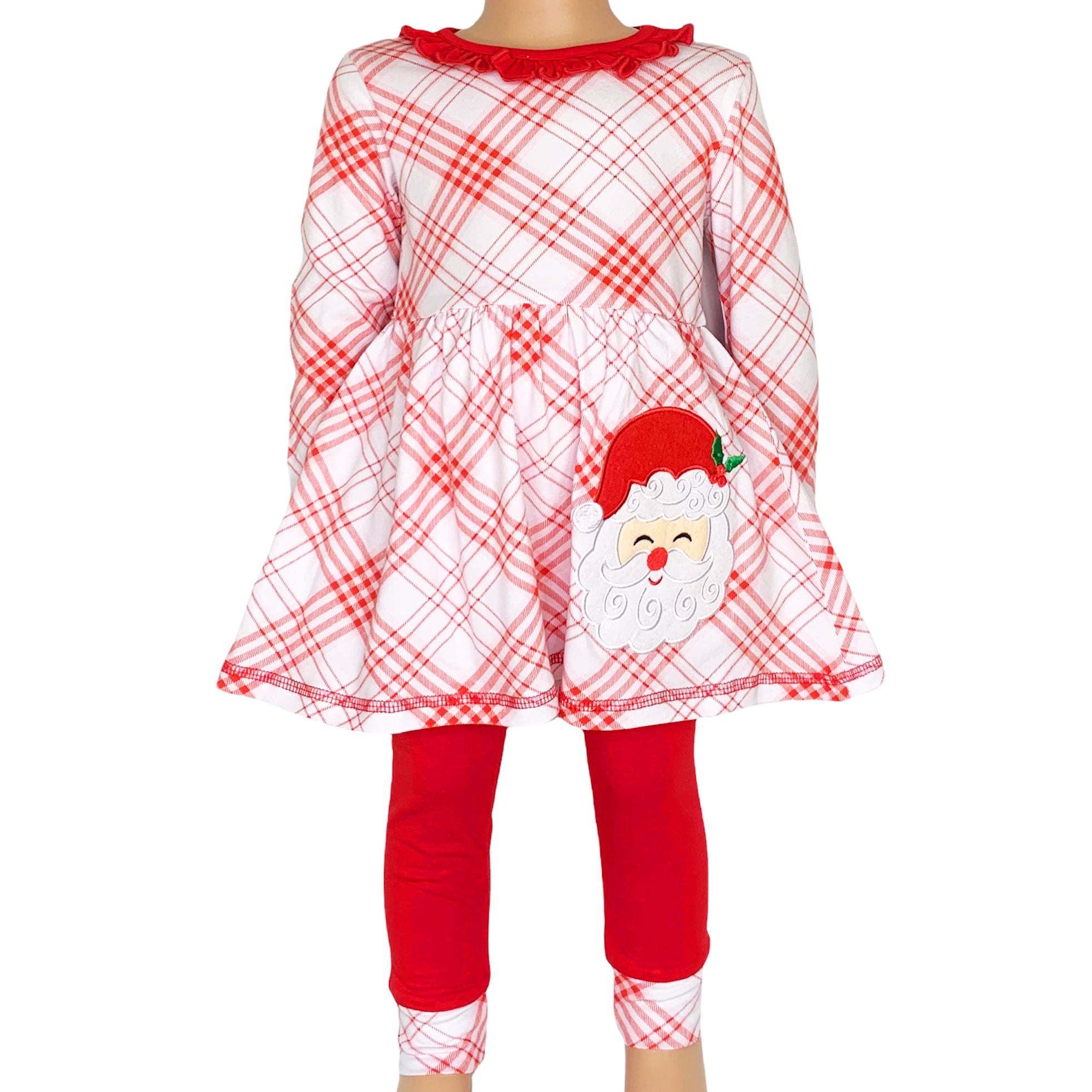 AnnLoren Girls Boutique Santa Holiday Clothing Set featuring a long sleeve dress with Santa applique and red knit leggings.