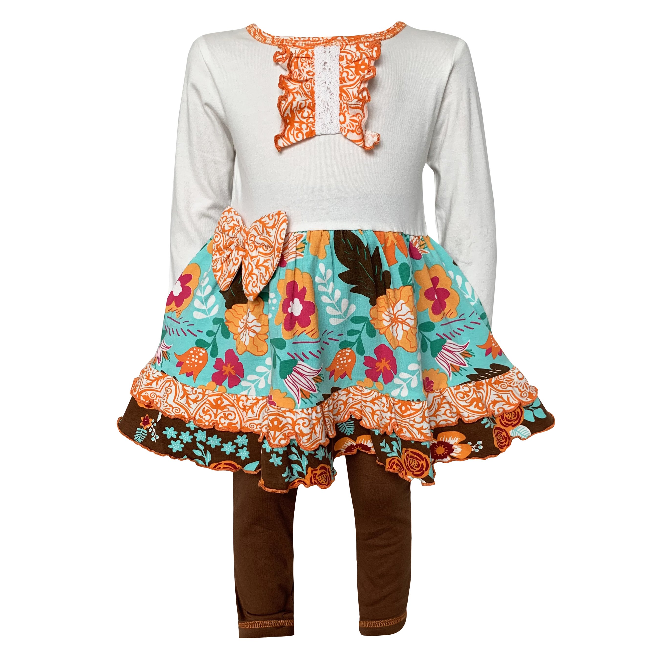 AnnLoren Girls Holiday Autumn Floral Ruffle Dress featuring cream long sleeves, orange damask ruffle, and brown leggings.