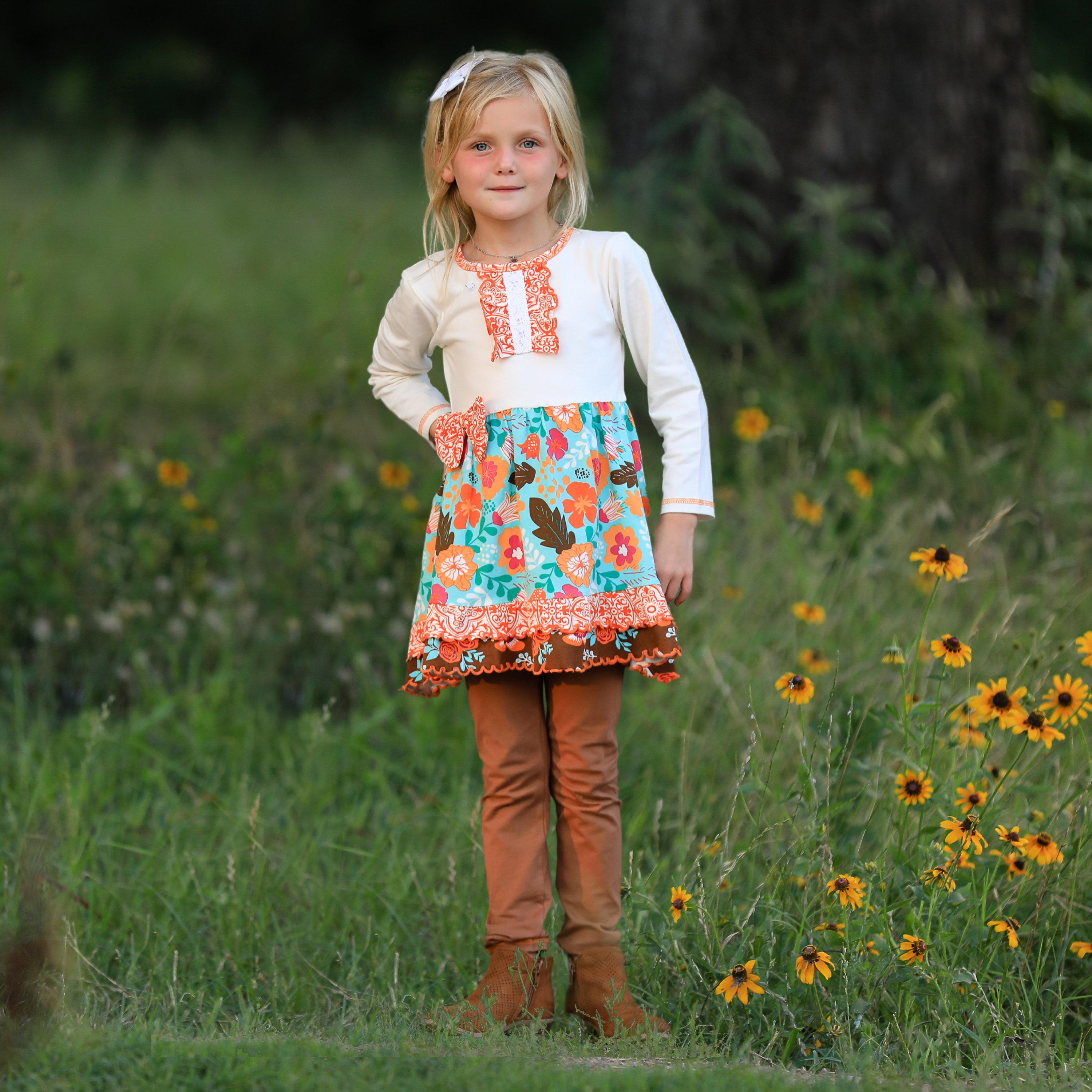 AnnLoren Girls Holiday Autumn Floral Ruffle Dress featuring cream long sleeves, orange damask ruffle, and brown leggings.