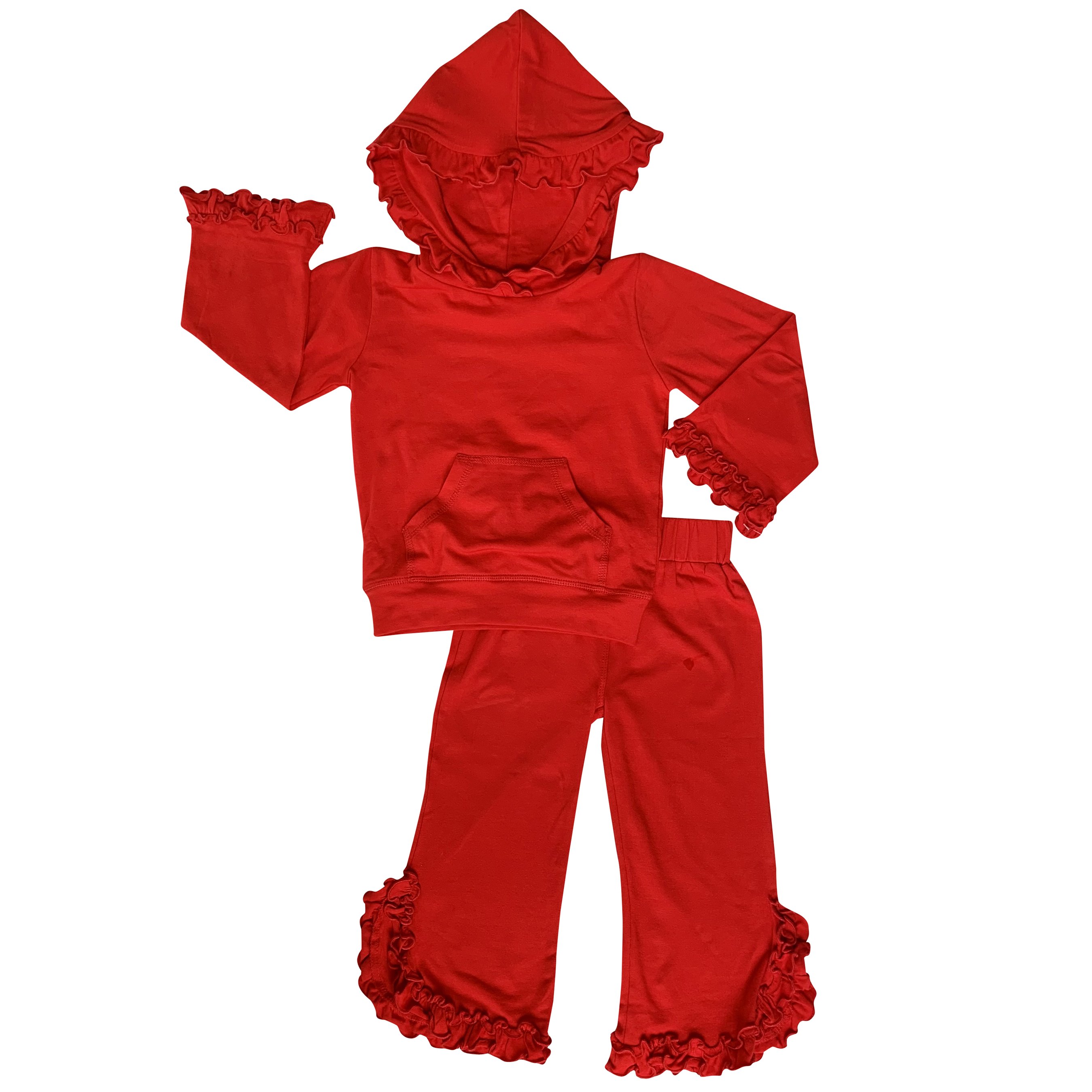 AnnLoren Girls Red Ruffle Hoodie Track Suit featuring ruffles, kangaroo pocket, and elastic waistband, perfect for school and play.