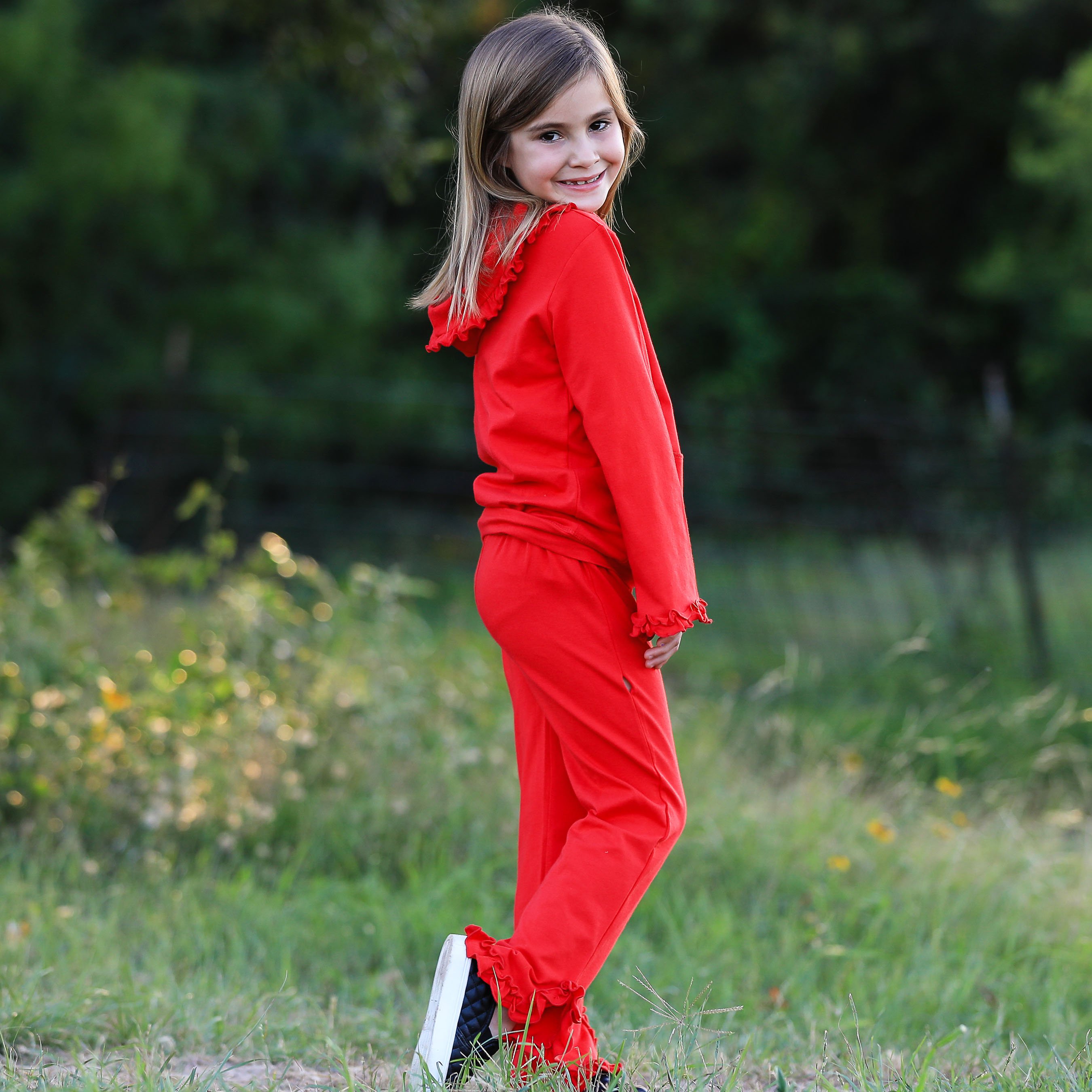 AnnLoren Girls Red Ruffle Hoodie Track Suit featuring ruffles, kangaroo pocket, and elastic waistband, perfect for school and play.