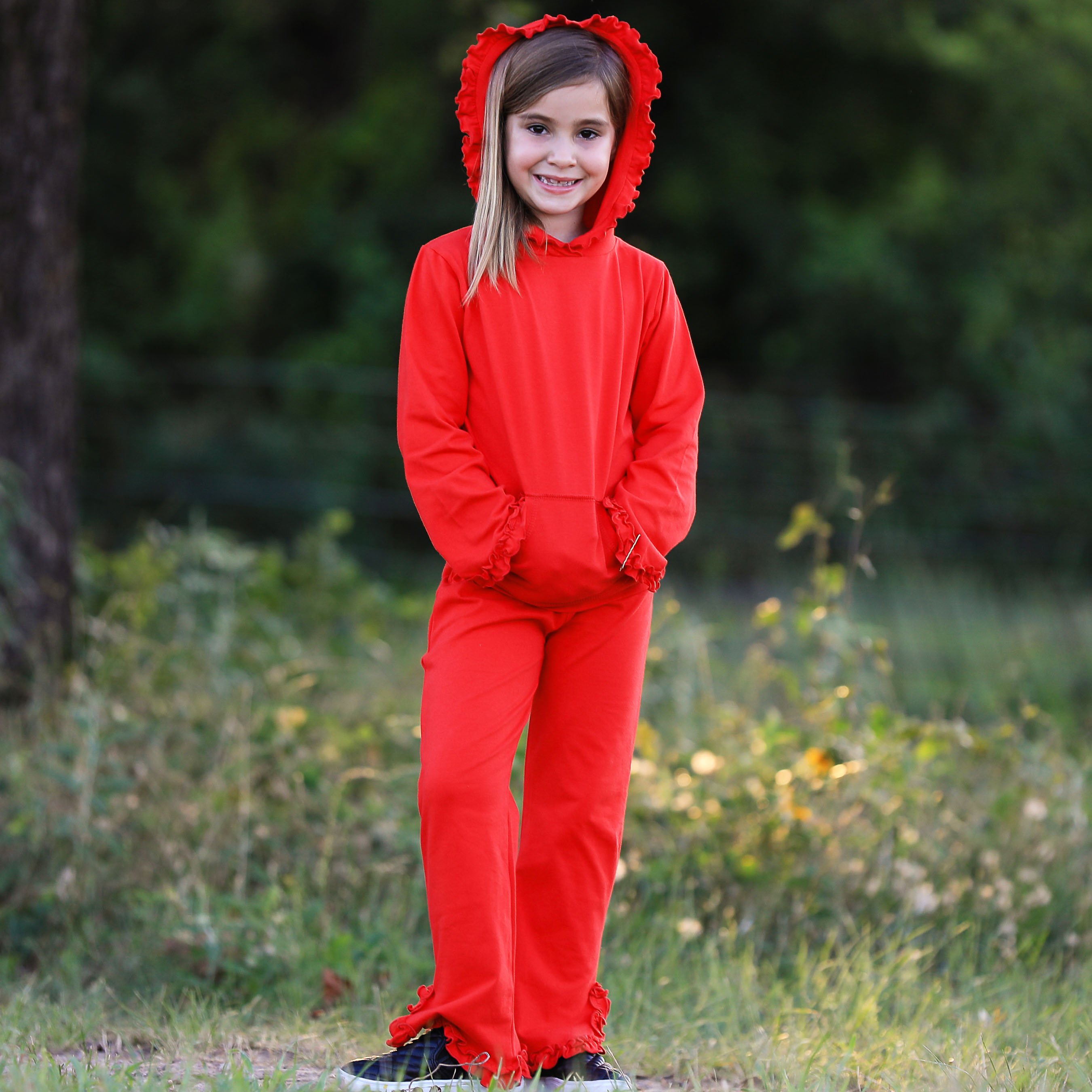 AnnLoren Girls Red Ruffle Hoodie Track Suit featuring ruffles, kangaroo pocket, and elastic waistband, perfect for school and play.