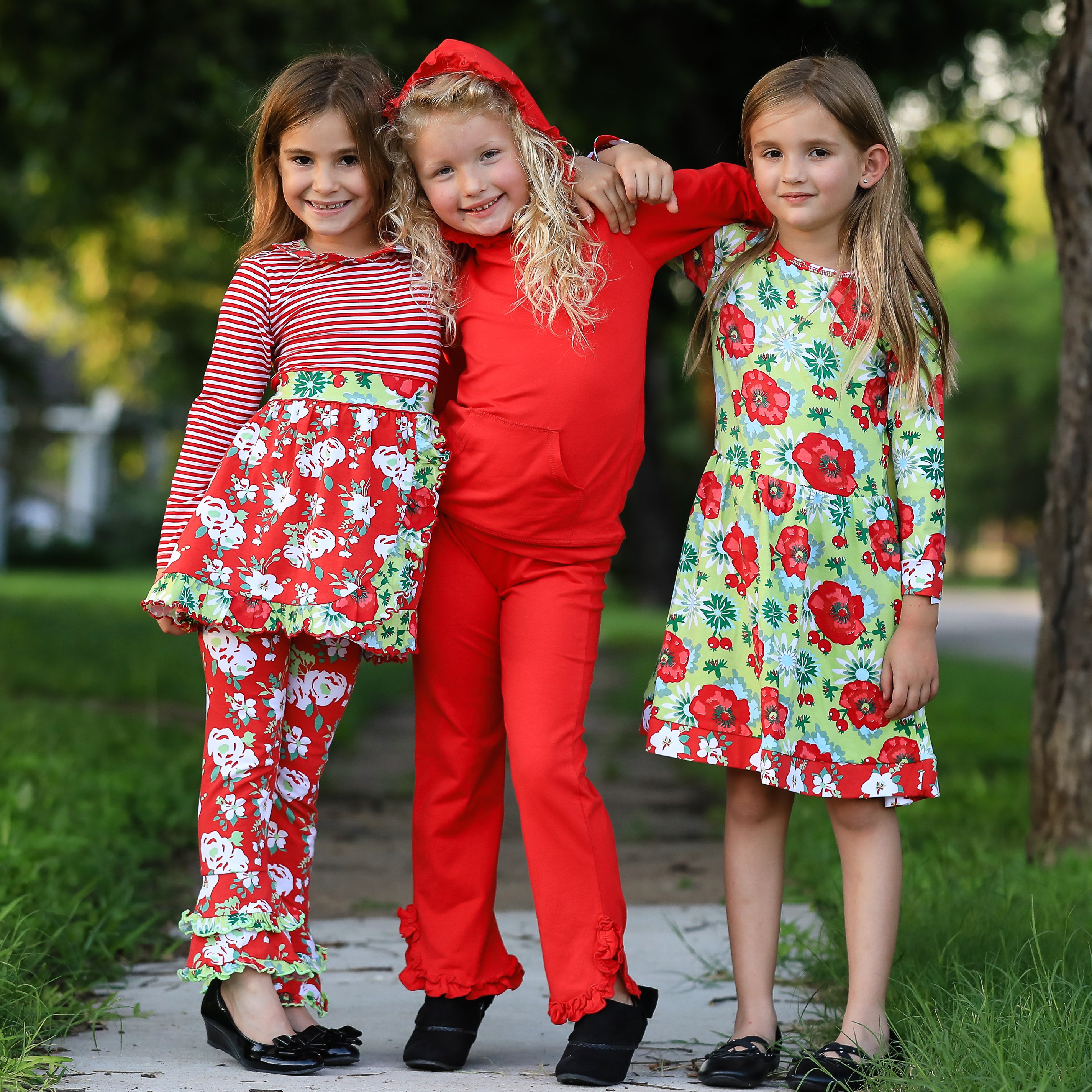 AnnLoren Girls Red Ruffle Hoodie Track Suit featuring ruffles, kangaroo pocket, and elastic waistband, perfect for school and play.