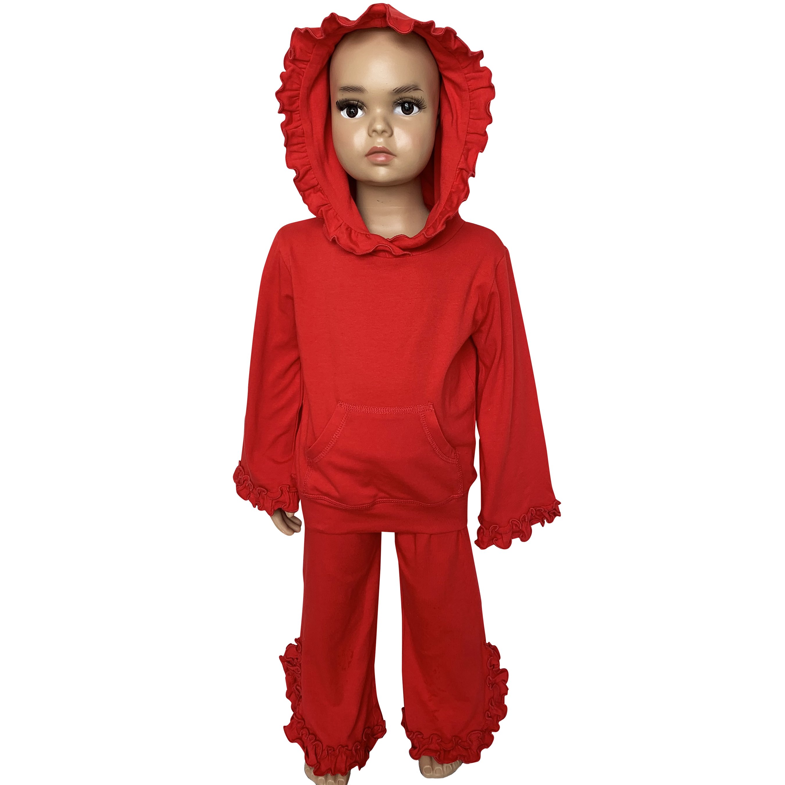 AnnLoren Girls Red Ruffle Hoodie Track Suit featuring ruffles, kangaroo pocket, and elastic waistband, perfect for school and play.