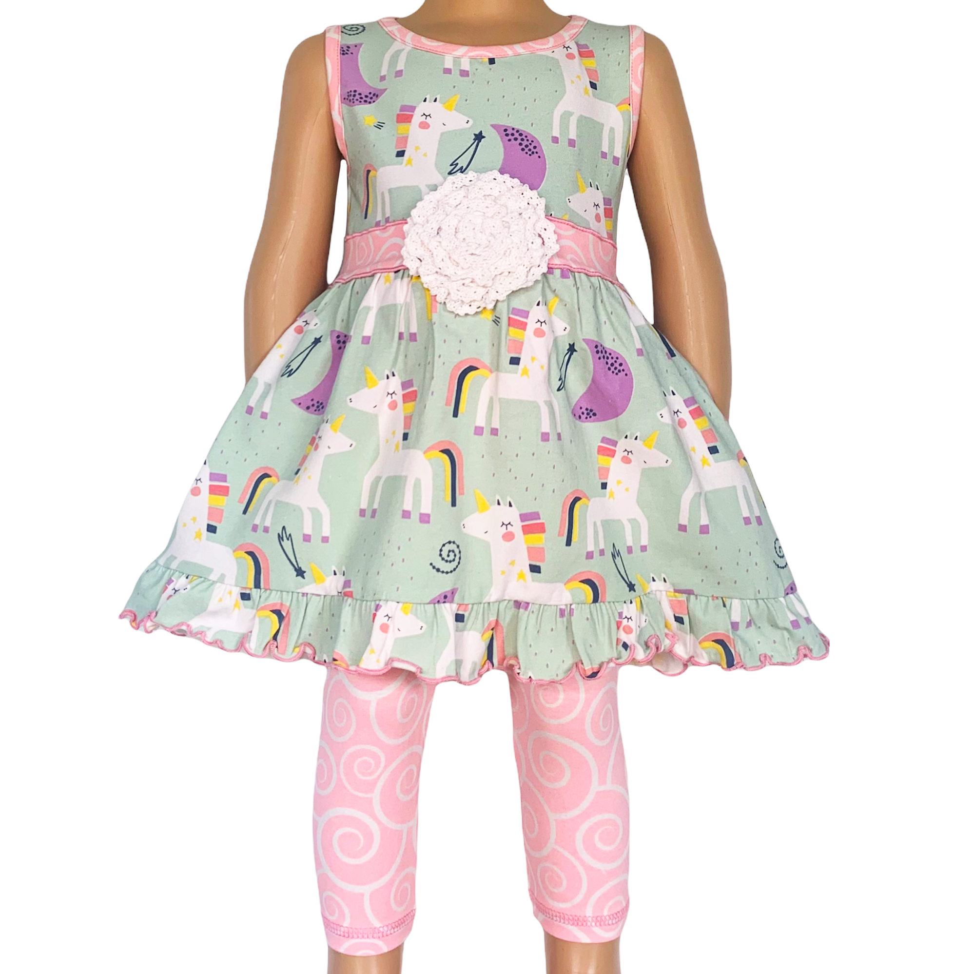 AnnLoren Girls Unicorns Rainbow Dress featuring a unicorn print and pink swirl leggings, perfect for young girls.