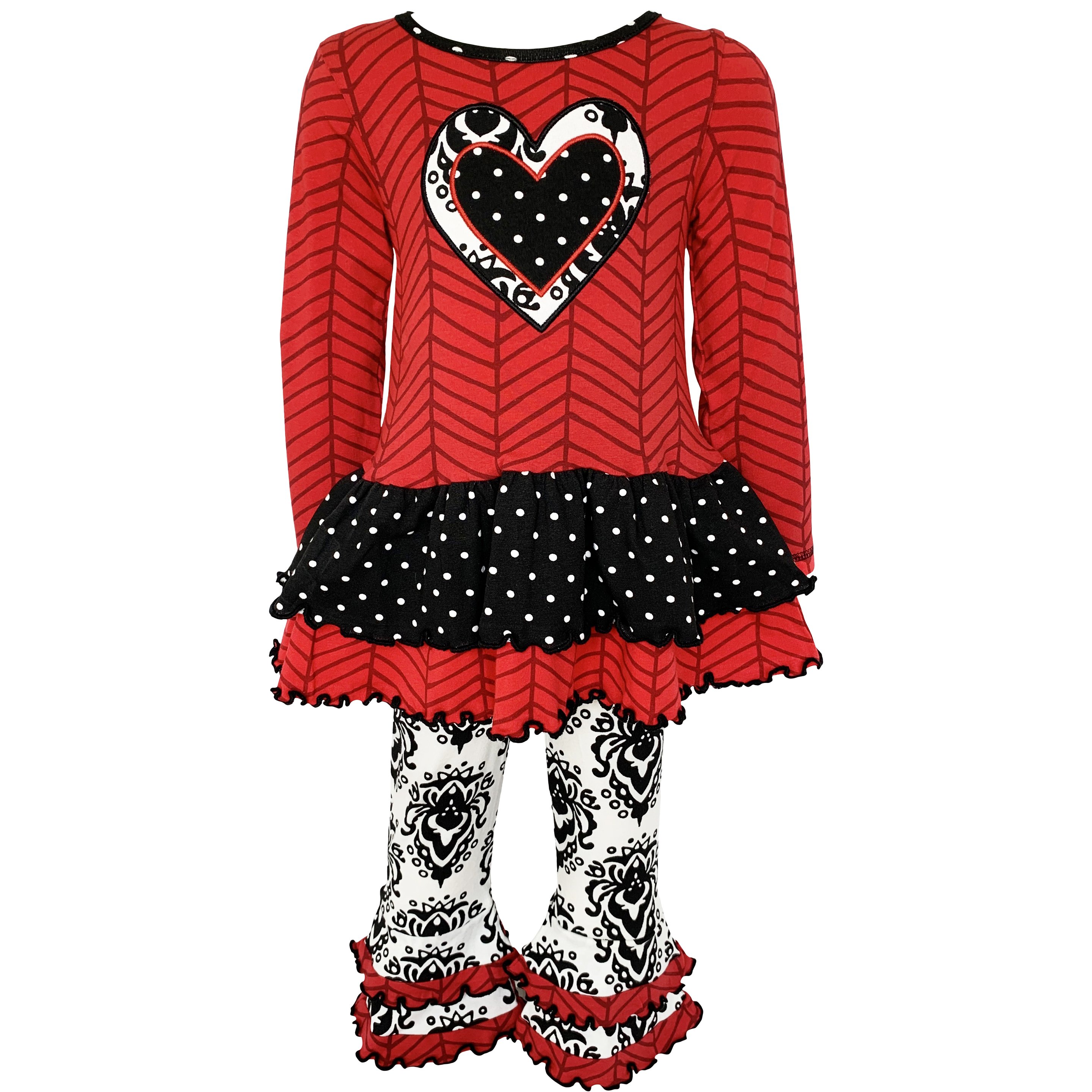 AnnLoren Girls Winter Damask Heart Herringbone Tunic and Legging Set featuring a red tunic with heart appliques and black damask leggings.