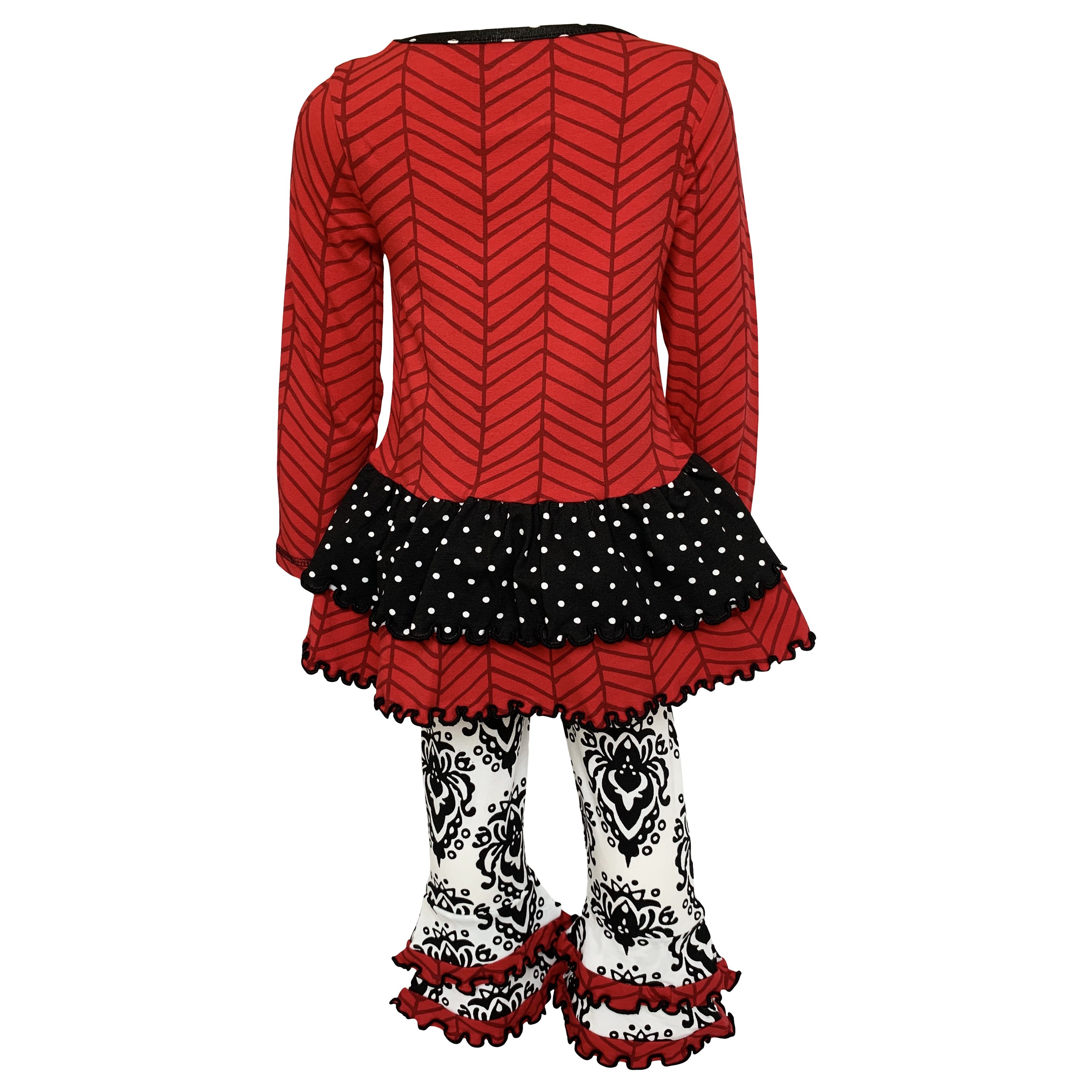 AnnLoren Girls Winter Damask Heart Herringbone Tunic and Legging Set featuring a red tunic with heart appliques and black damask leggings.