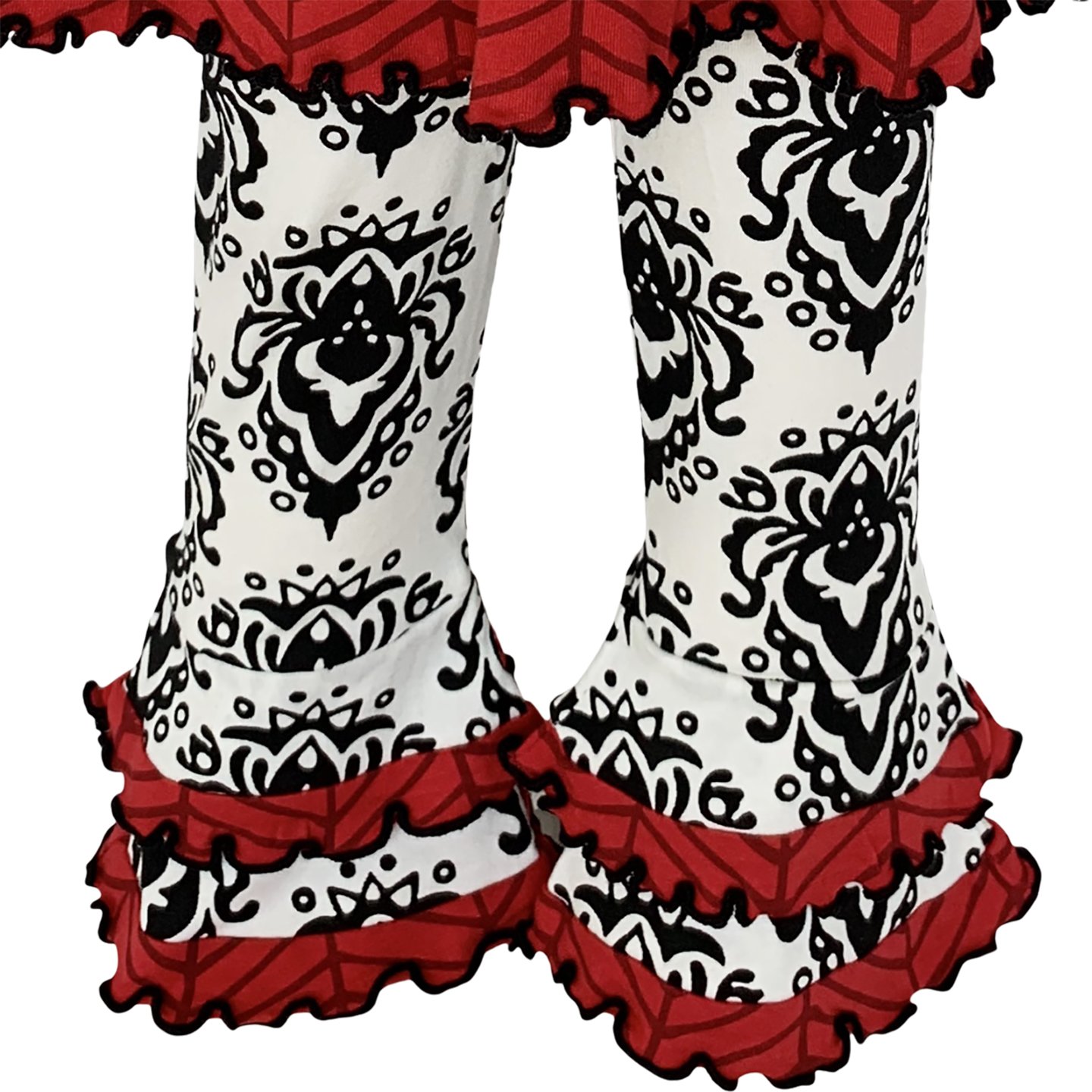 AnnLoren Girls Winter Damask Heart Herringbone Tunic and Legging Set featuring a red tunic with heart appliques and black damask leggings.