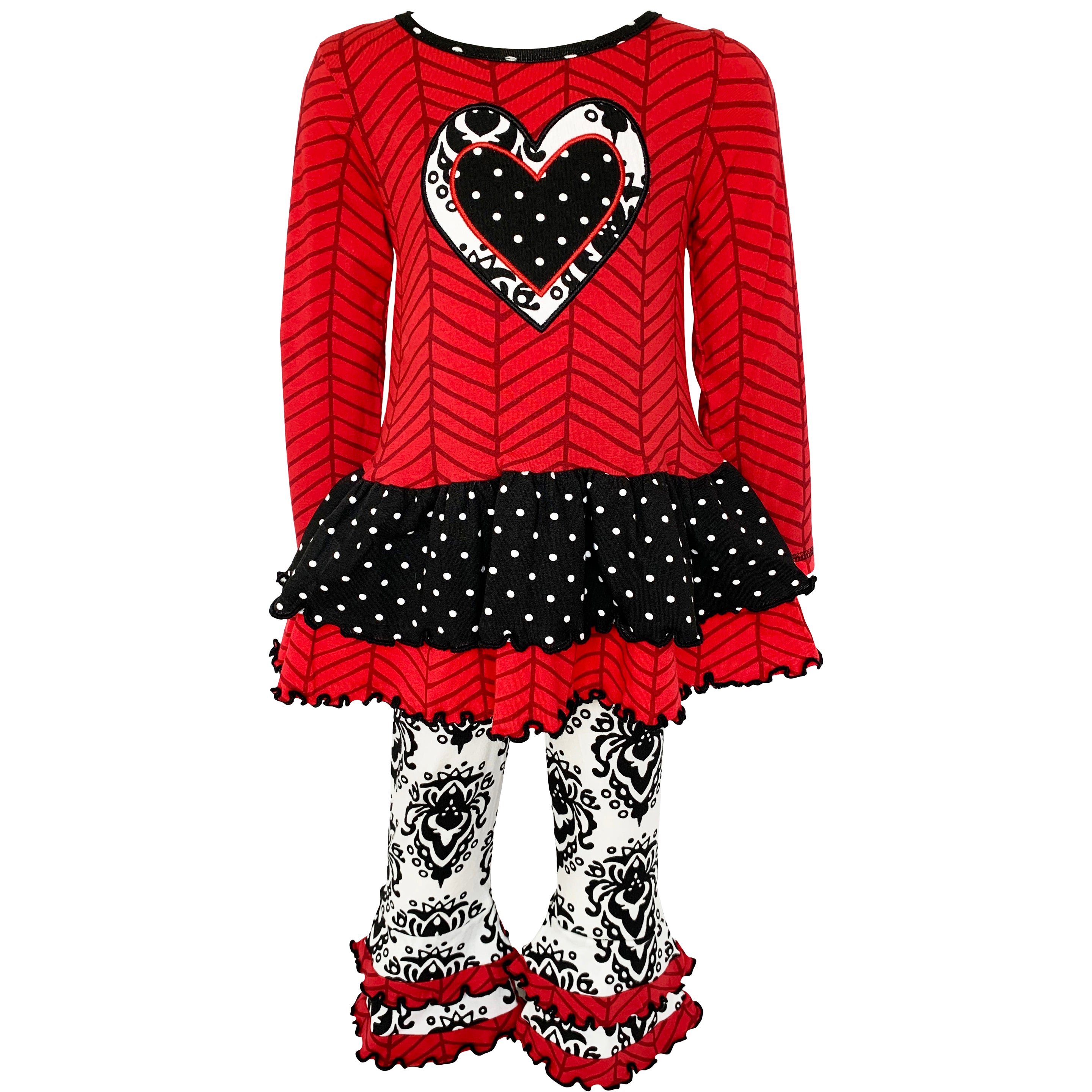 AnnLoren Girls Winter Damask Heart Herringbone Tunic and Legging Set featuring a red tunic with heart appliques and black damask leggings.