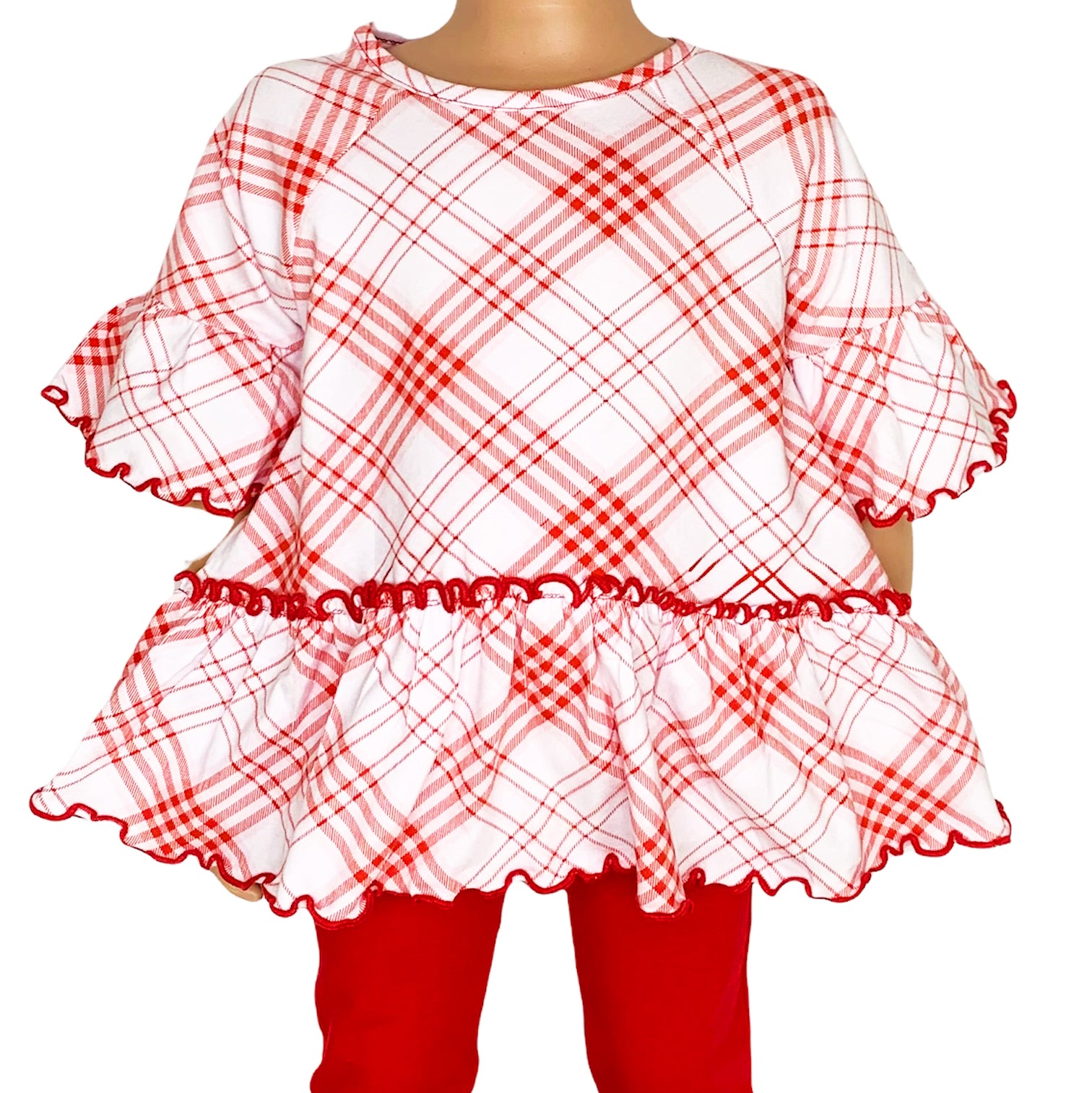 AnnLoren Little & Big Girls 3/4 Angel Sleeve Red Plaid Cotton Knit shirt featuring bell sleeves and a flowy silhouette.