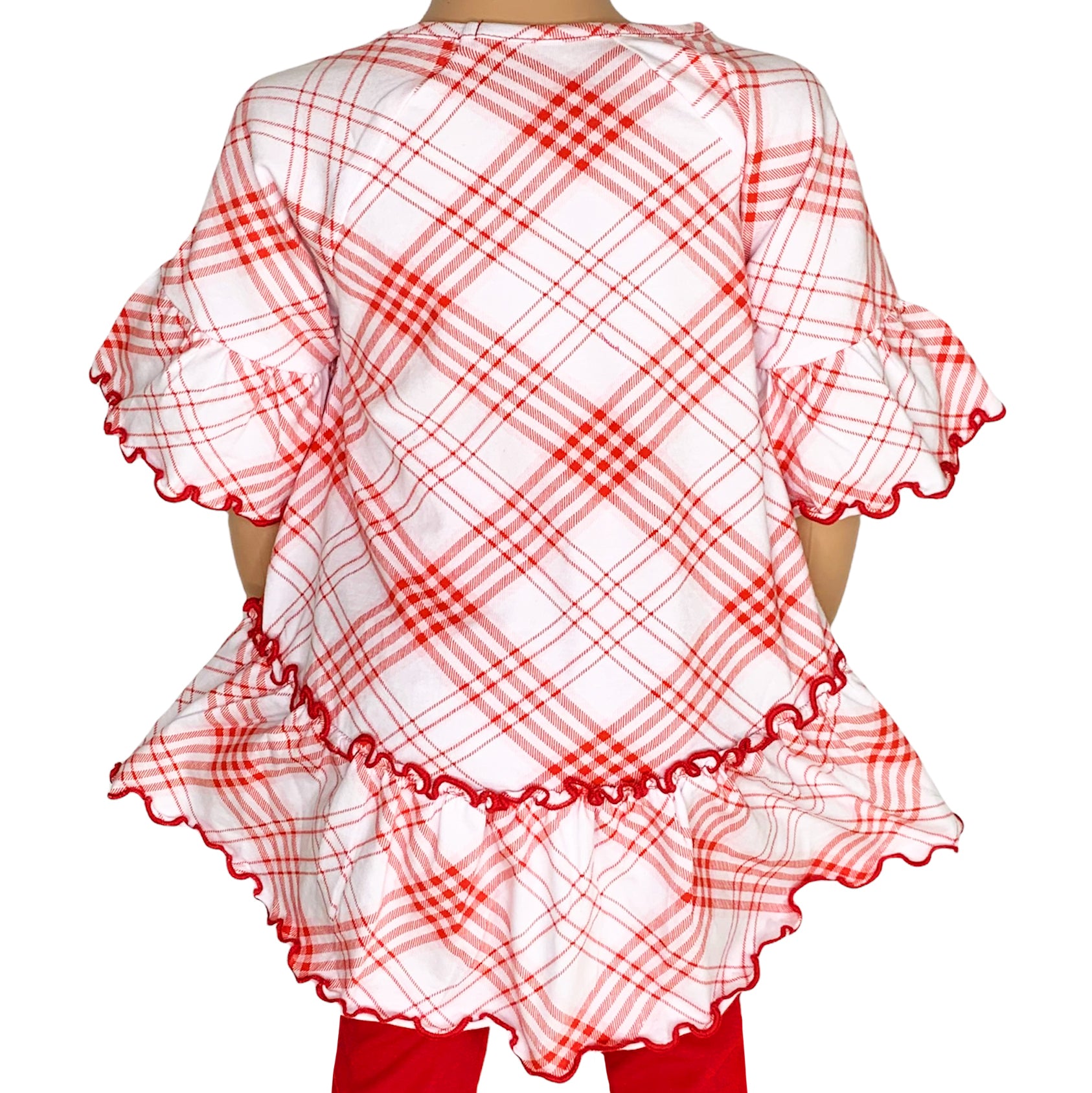 AnnLoren Little & Big Girls 3/4 Angel Sleeve Red Plaid Cotton Knit shirt featuring bell sleeves and a flowy silhouette.