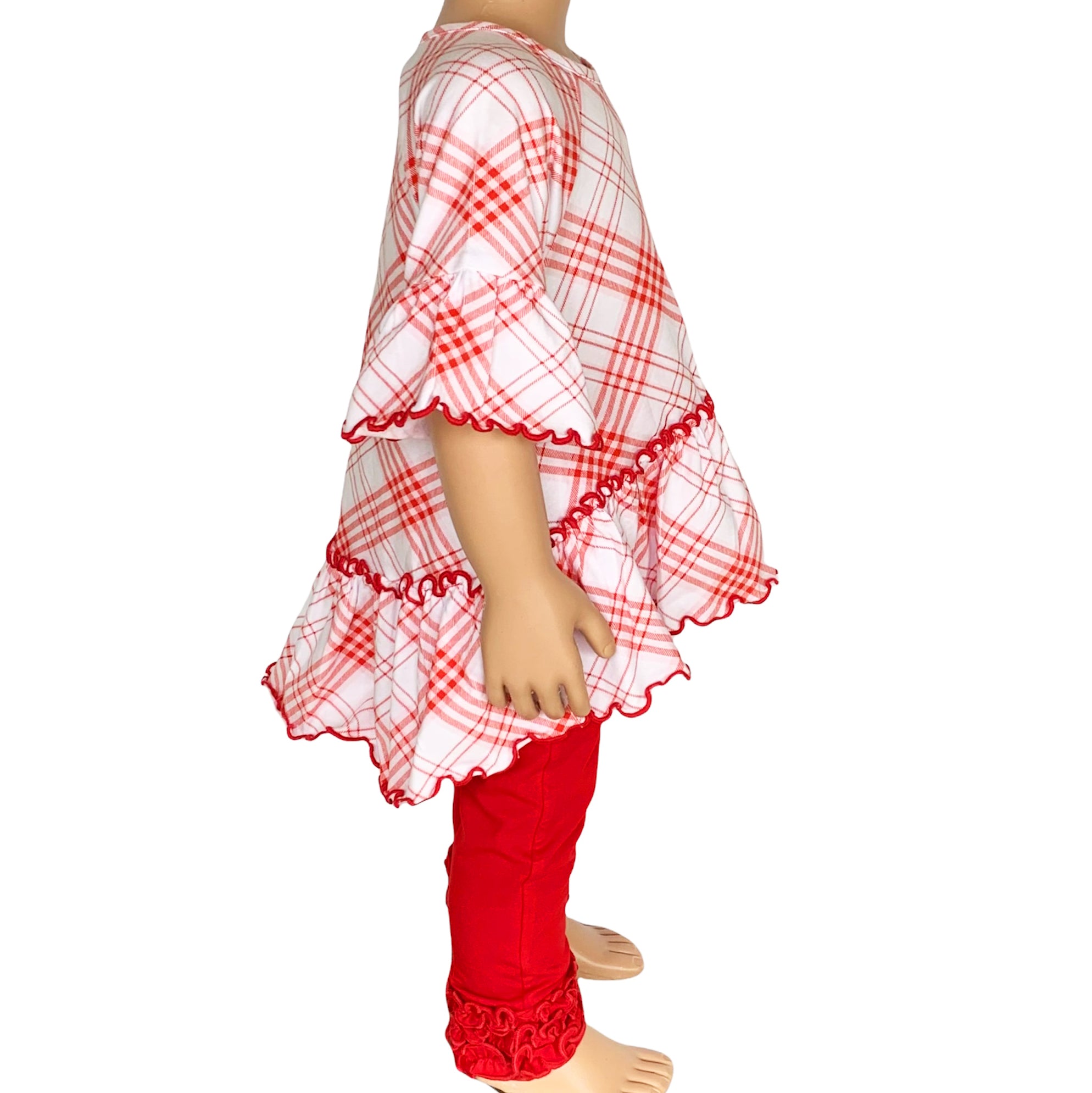 AnnLoren Little & Big Girls 3/4 Angel Sleeve Red Plaid Cotton Knit shirt featuring bell sleeves and a flowy silhouette.