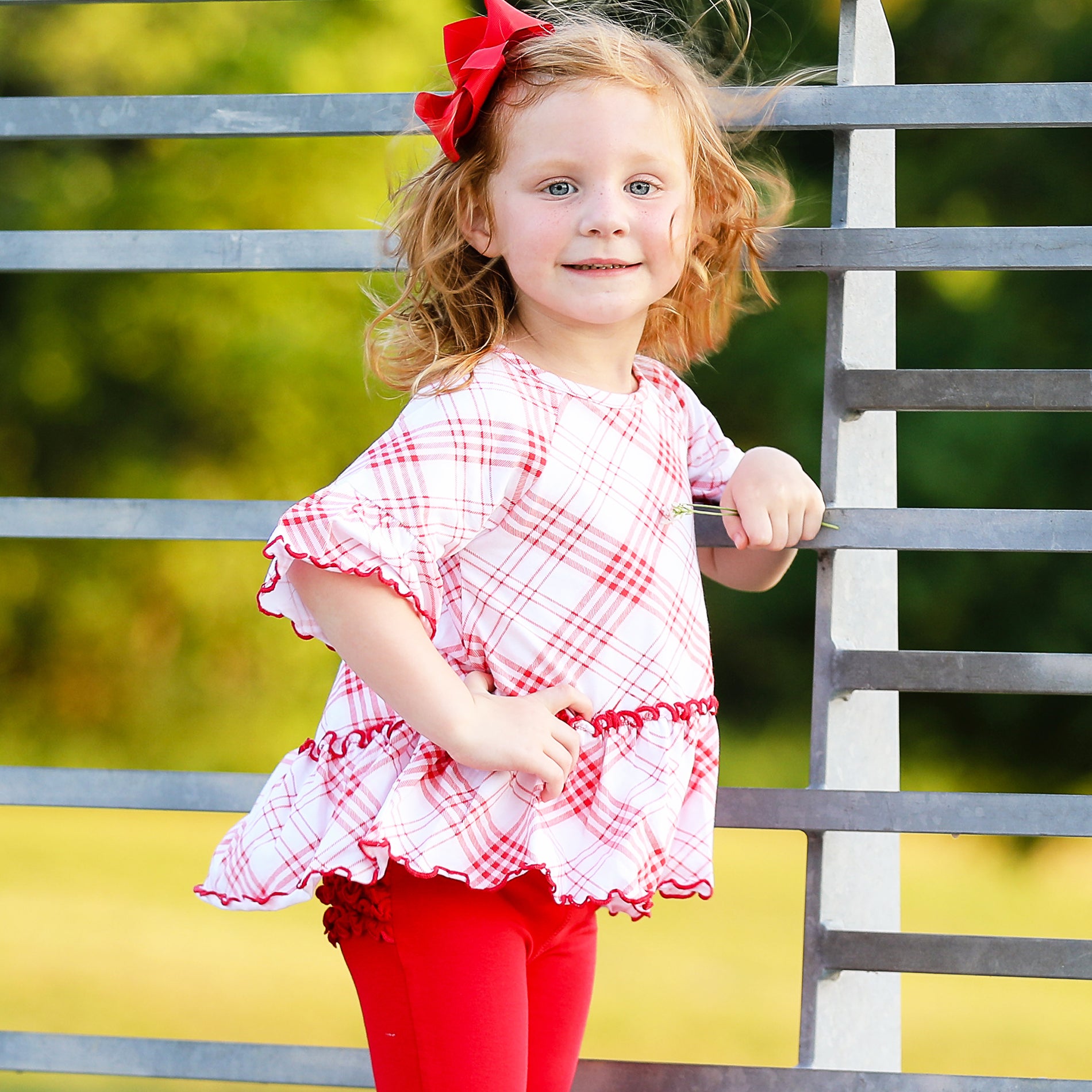 AnnLoren Little & Big Girls 3/4 Angel Sleeve Red Plaid Cotton Knit shirt featuring bell sleeves and a flowy silhouette.