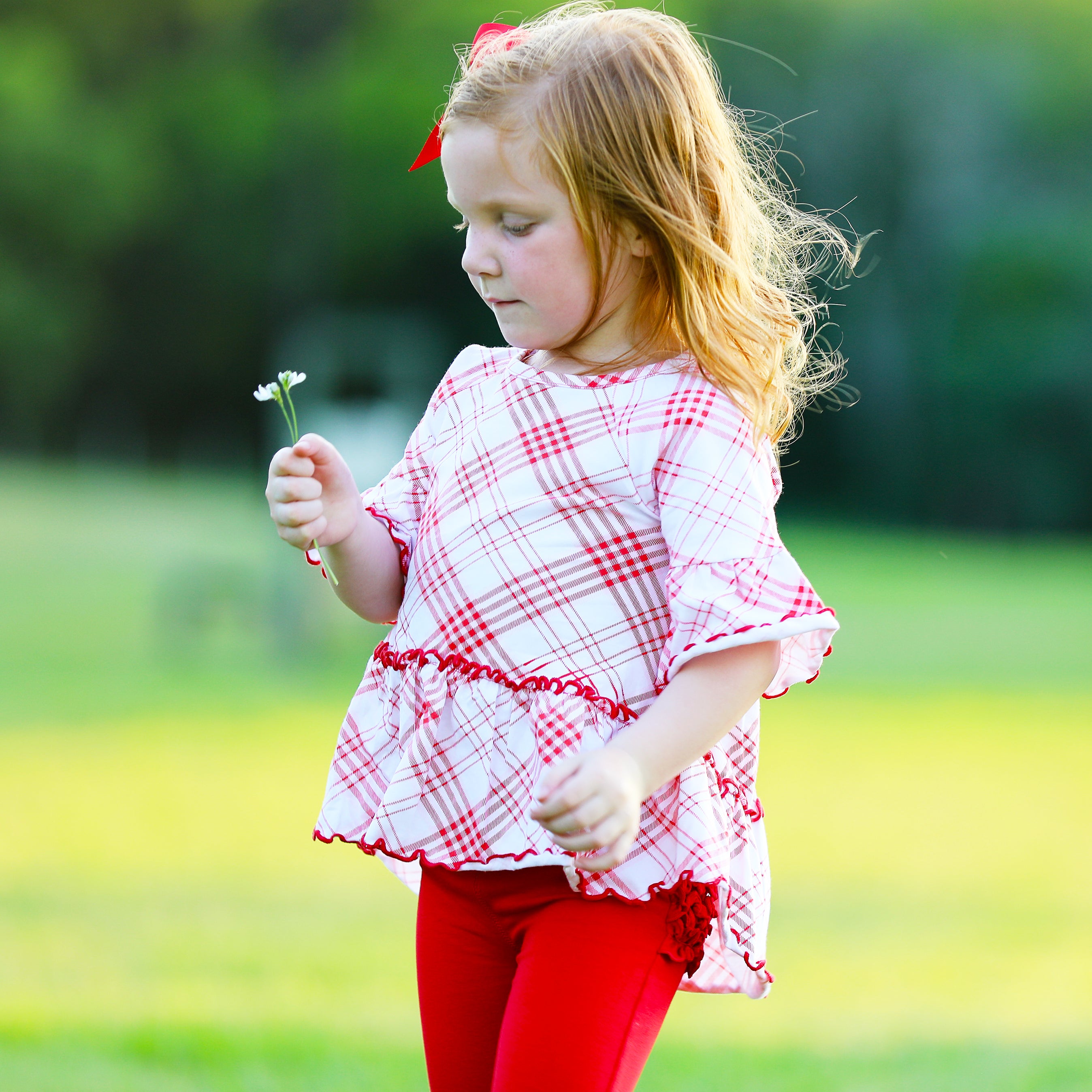 AnnLoren Little & Big Girls 3/4 Angel Sleeve Red Plaid Cotton Knit shirt featuring bell sleeves and a flowy silhouette.