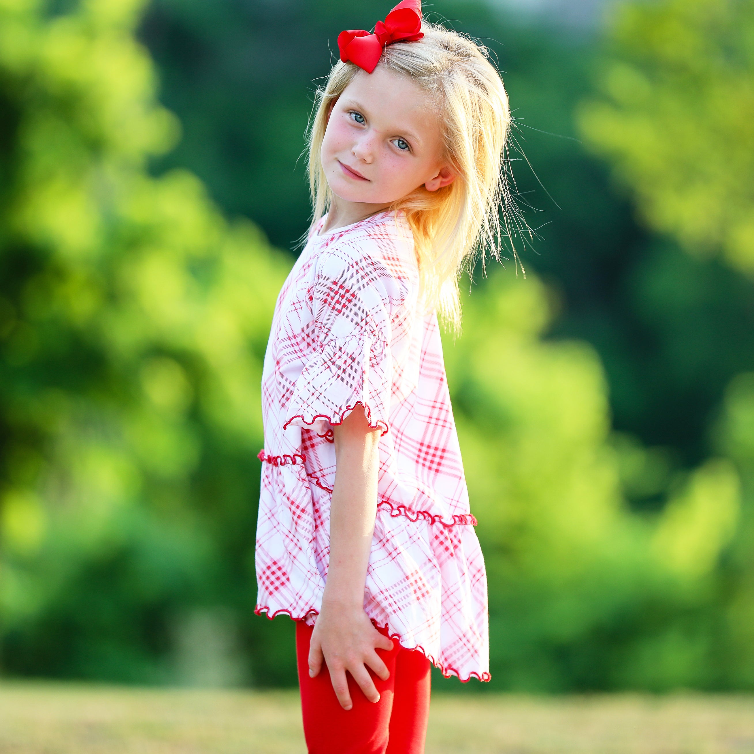 AnnLoren Little & Big Girls 3/4 Angel Sleeve Red Plaid Cotton Knit shirt featuring bell sleeves and a flowy silhouette.