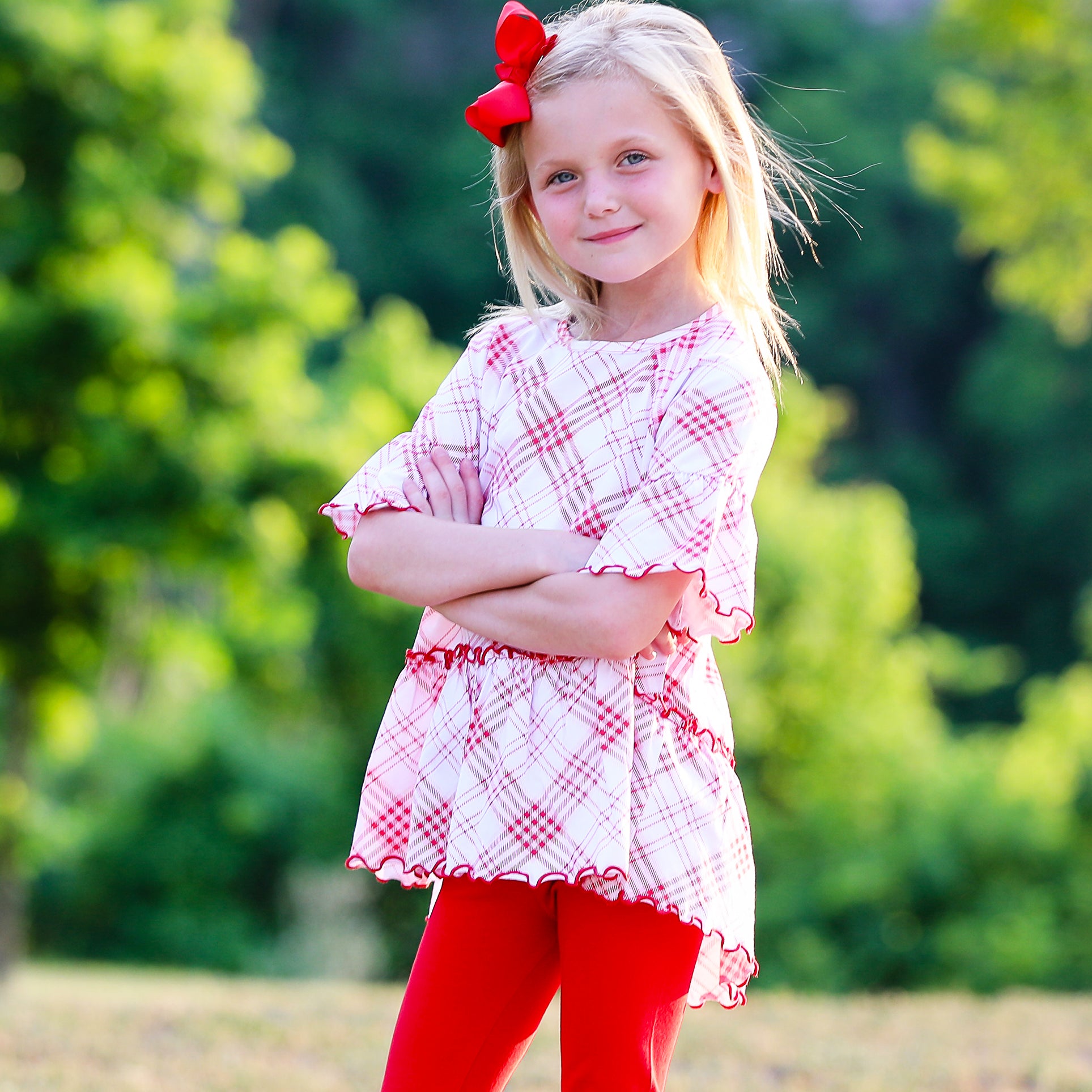 AnnLoren Little & Big Girls 3/4 Angel Sleeve Red Plaid Cotton Knit shirt featuring bell sleeves and a flowy silhouette.