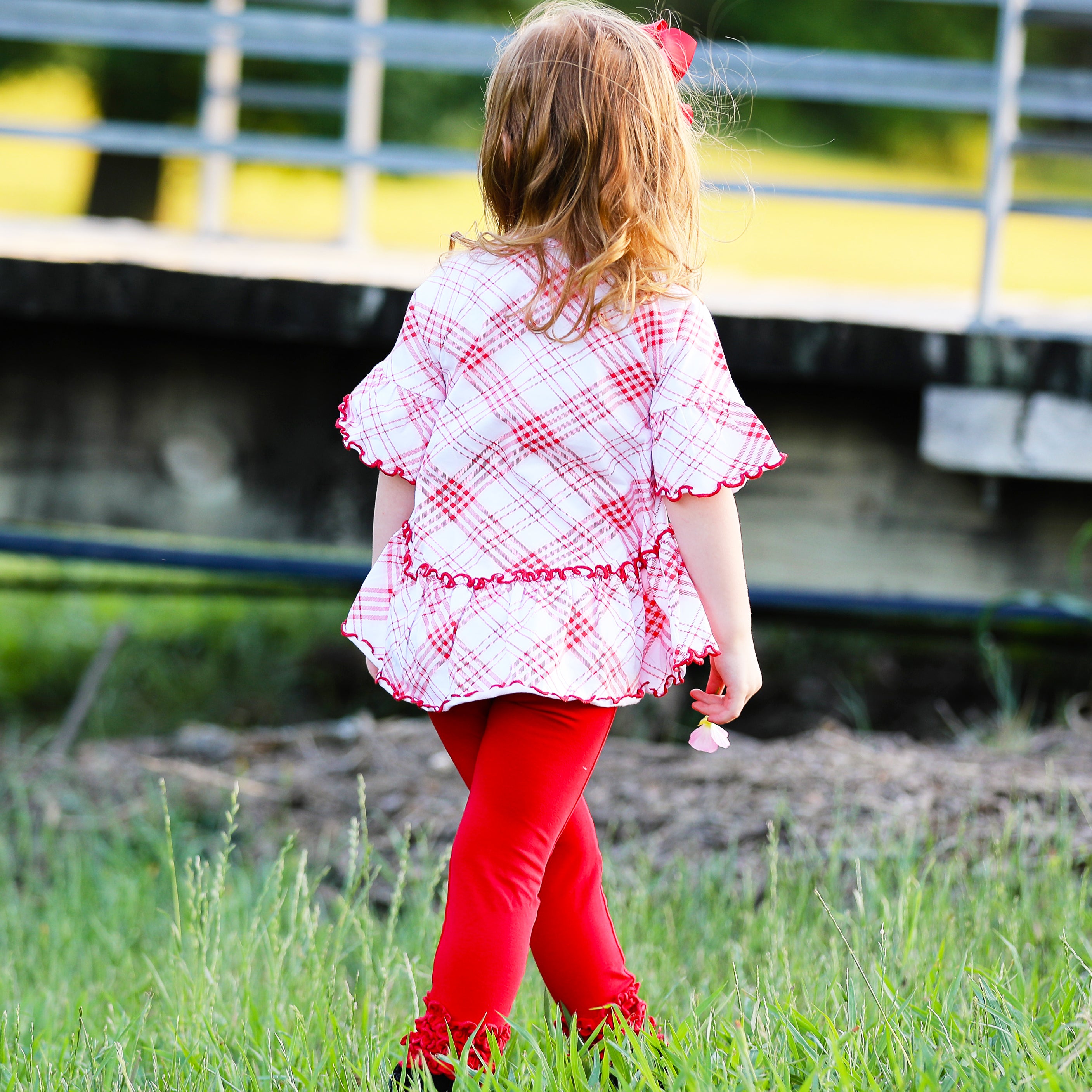 AnnLoren Little & Big Girls 3/4 Angel Sleeve Red Plaid Cotton Knit shirt featuring bell sleeves and a flowy silhouette.