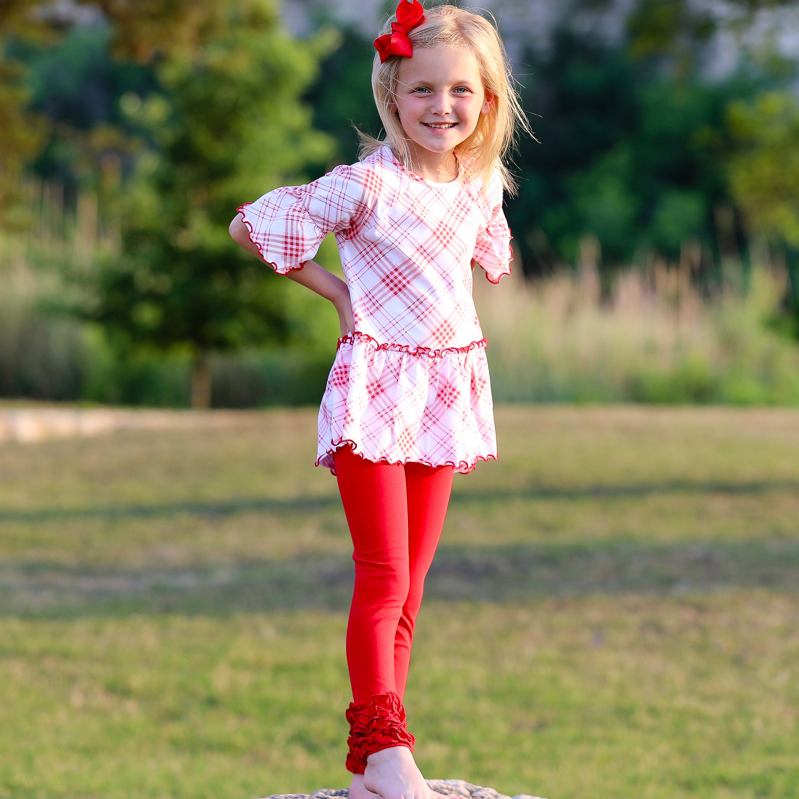 AnnLoren Little & Big Girls 3/4 Angel Sleeve Red Plaid Cotton Knit shirt featuring bell sleeves and a flowy silhouette.