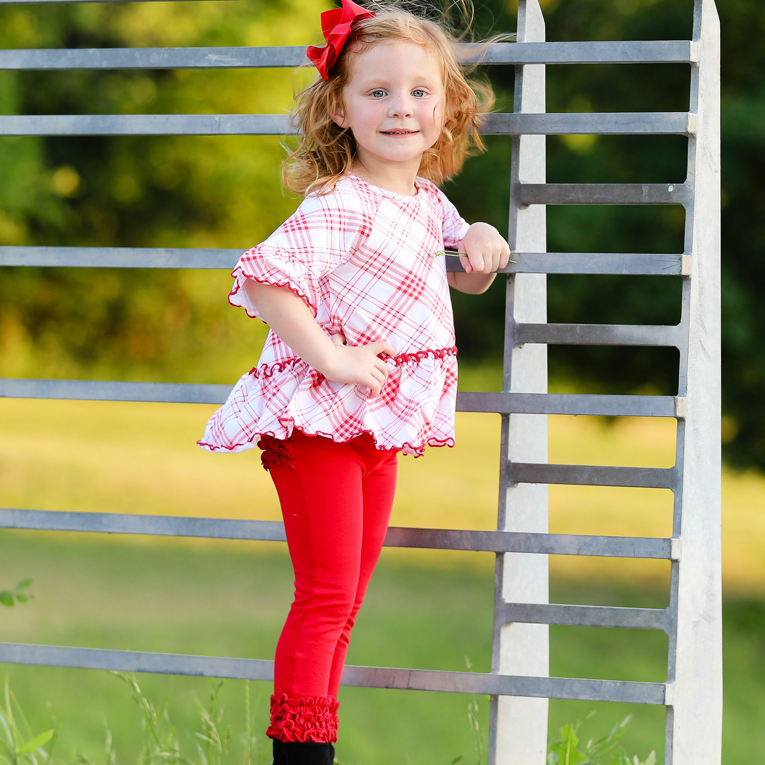 AnnLoren Little & Big Girls 3/4 Angel Sleeve Red Plaid Cotton Knit shirt featuring bell sleeves and a flowy silhouette.