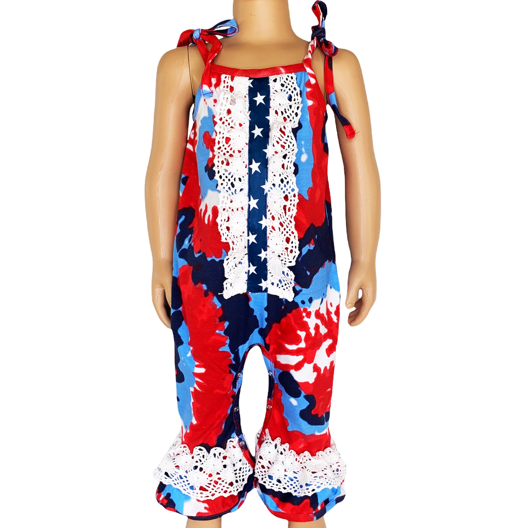 AnnLoren Red, White & Blue Tie Dye Baby Girls Romper featuring spaghetti straps, eyelet trim, and snap closures, perfect for summer celebrations.