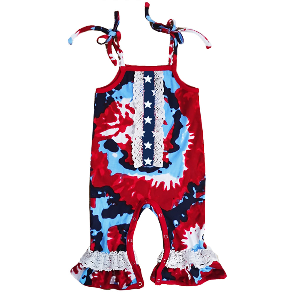 AnnLoren Red, White & Blue Tie Dye Baby Girls Romper featuring spaghetti straps, eyelet trim, and snap closures, perfect for summer celebrations.