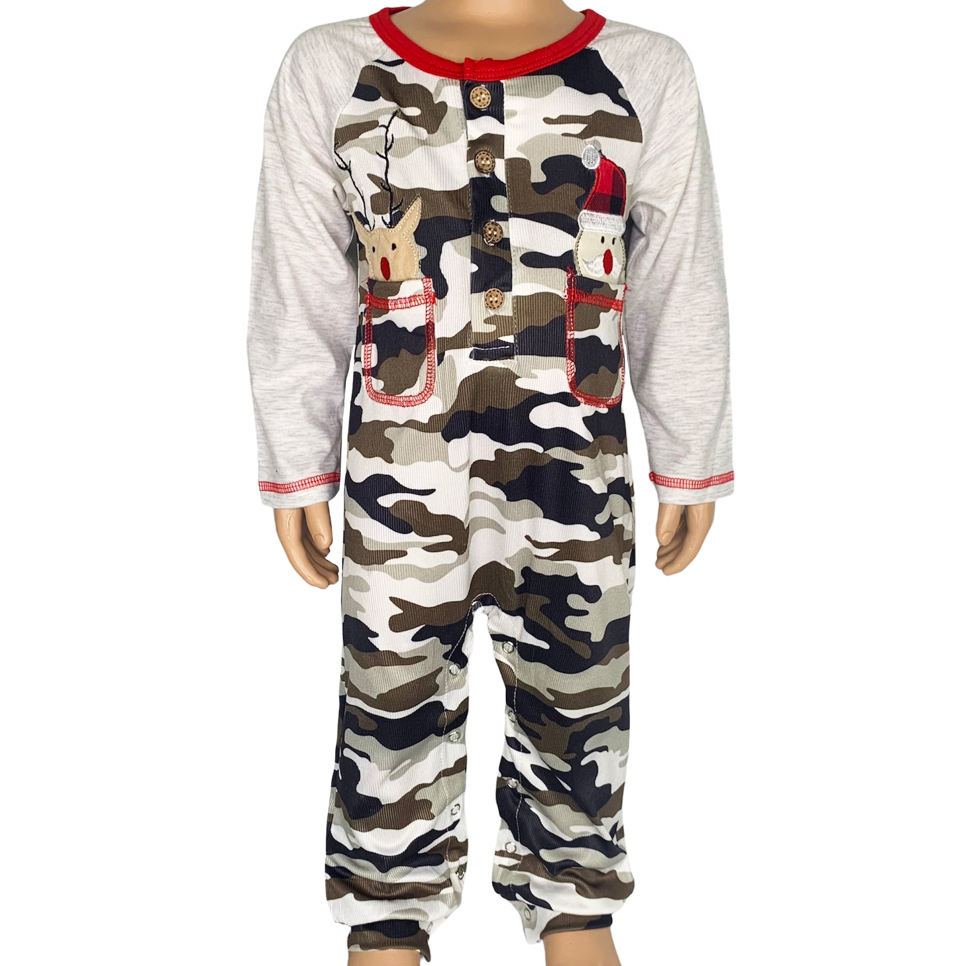 Baby boys camouflage romper featuring Santa and reindeer appliques, with grey sleeves and pockets, perfect for Christmas celebrations.