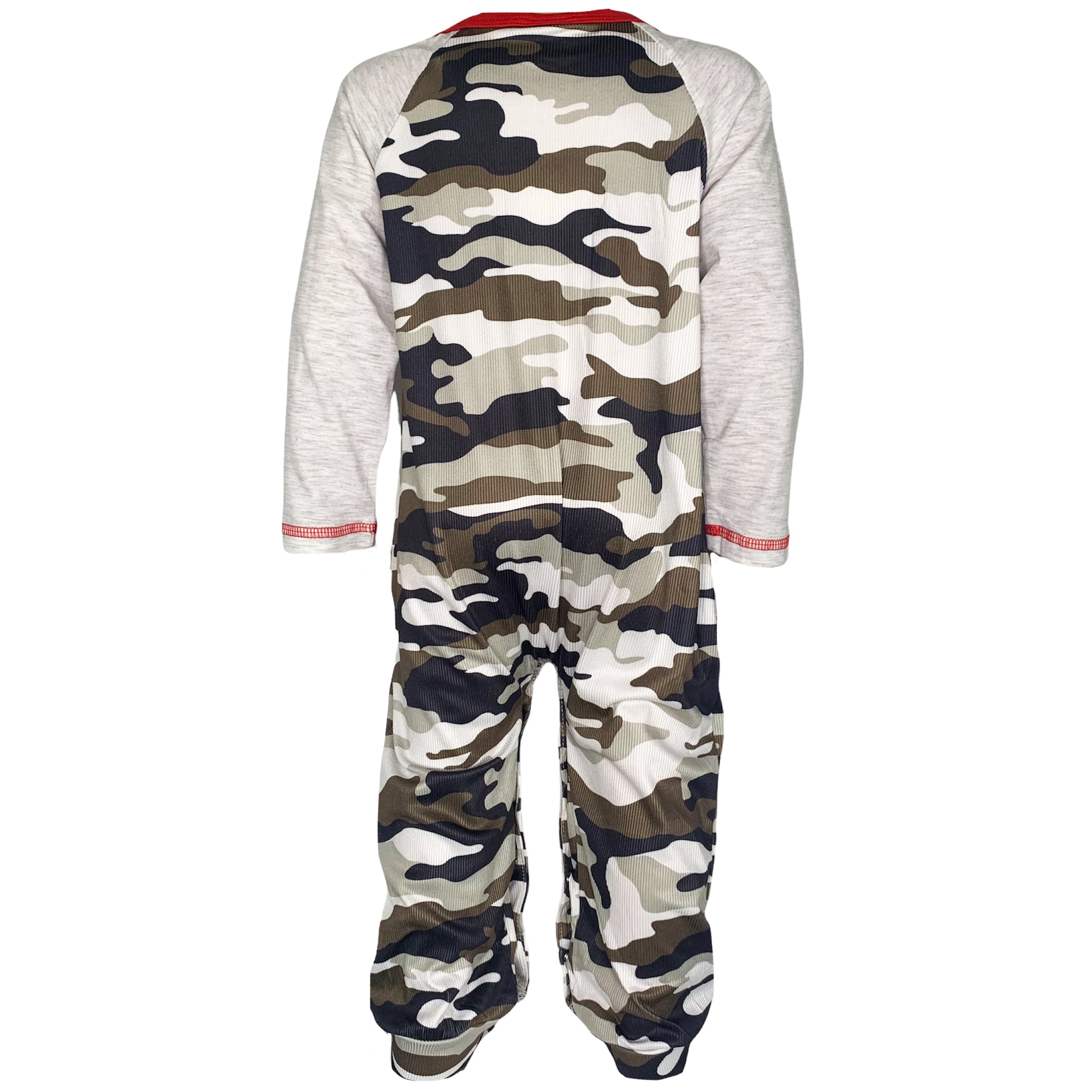 Baby boys camouflage romper featuring Santa and reindeer appliques, with grey sleeves and pockets, perfect for Christmas celebrations.