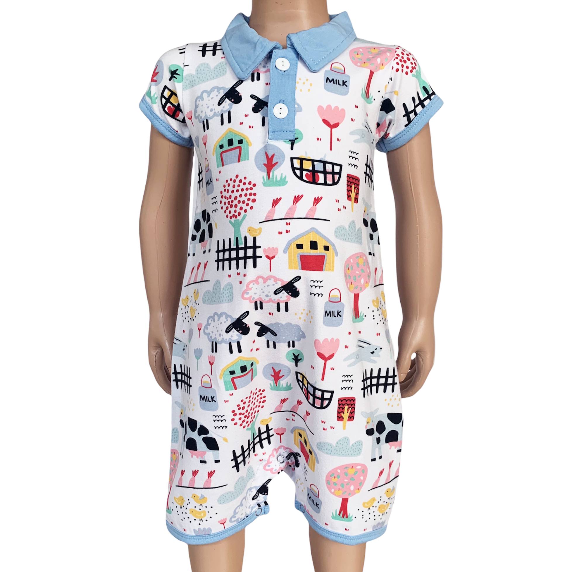 Baby boy wearing a Fun Farm Animal Romper with blue collar and buttons, featuring playful farm animal prints.