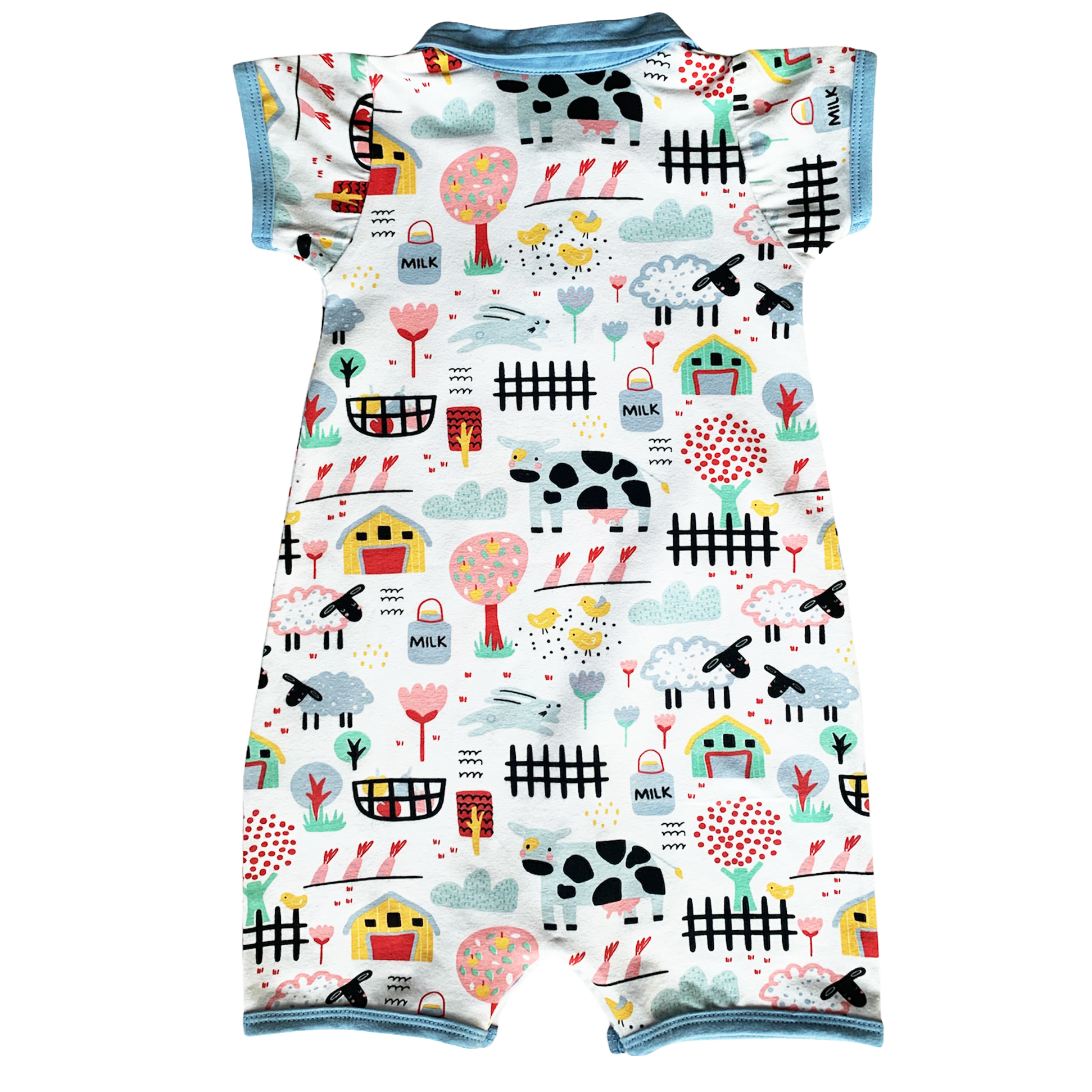 Baby boy wearing a Fun Farm Animal Romper with blue collar and buttons, featuring playful farm animal prints.