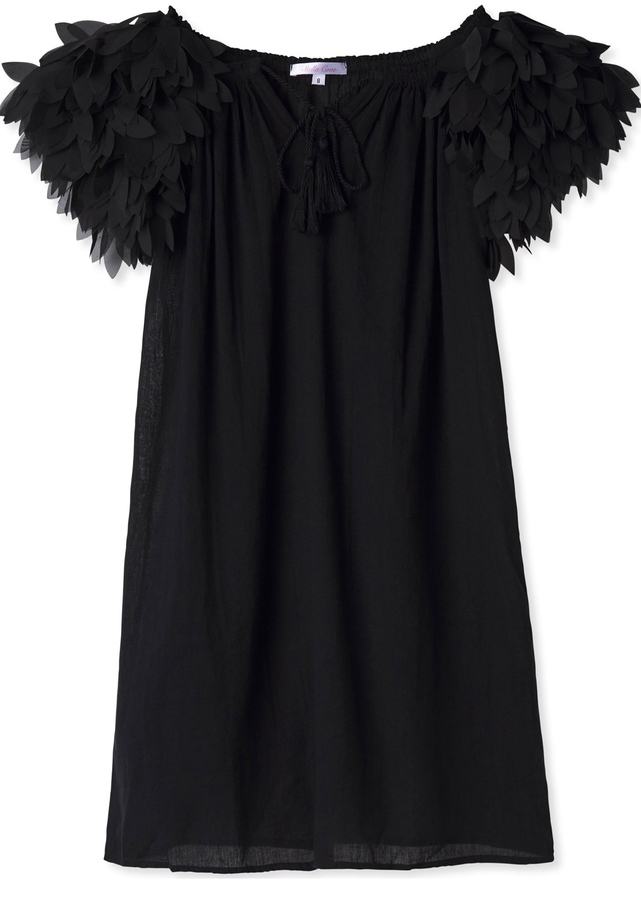 Black beach dress for girls with chiffon petal trim, showcasing a stylish design perfect for summer outings.