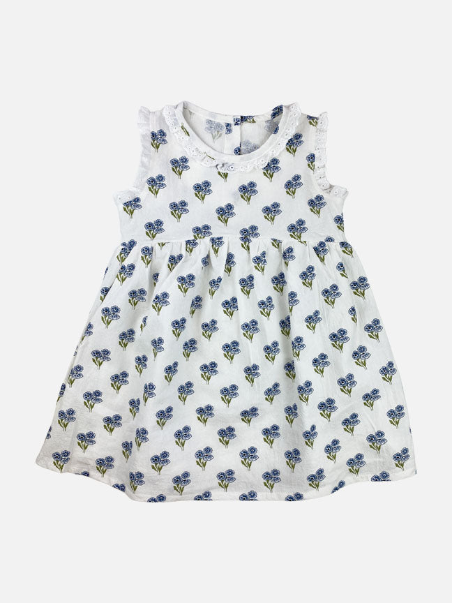 A beautiful blue floral belle dress made of soft cotton, featuring eyelet lace details on the collar and sleeves.