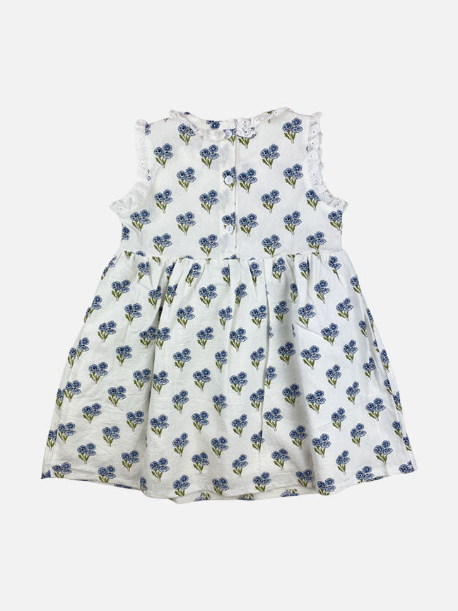 A beautiful blue floral belle dress made of soft cotton, featuring eyelet lace details on the collar and sleeves.